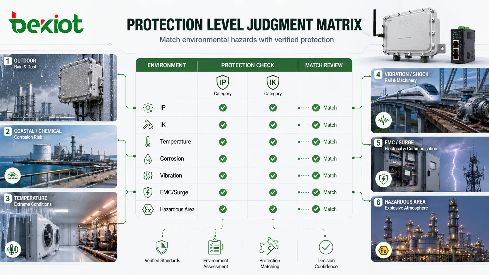 Matriz de julgamento do nível de proteção com IP, IK, temperatura, corrosão, vibração, EMC, surto, certificação para área classificada e ambiente de aplicação