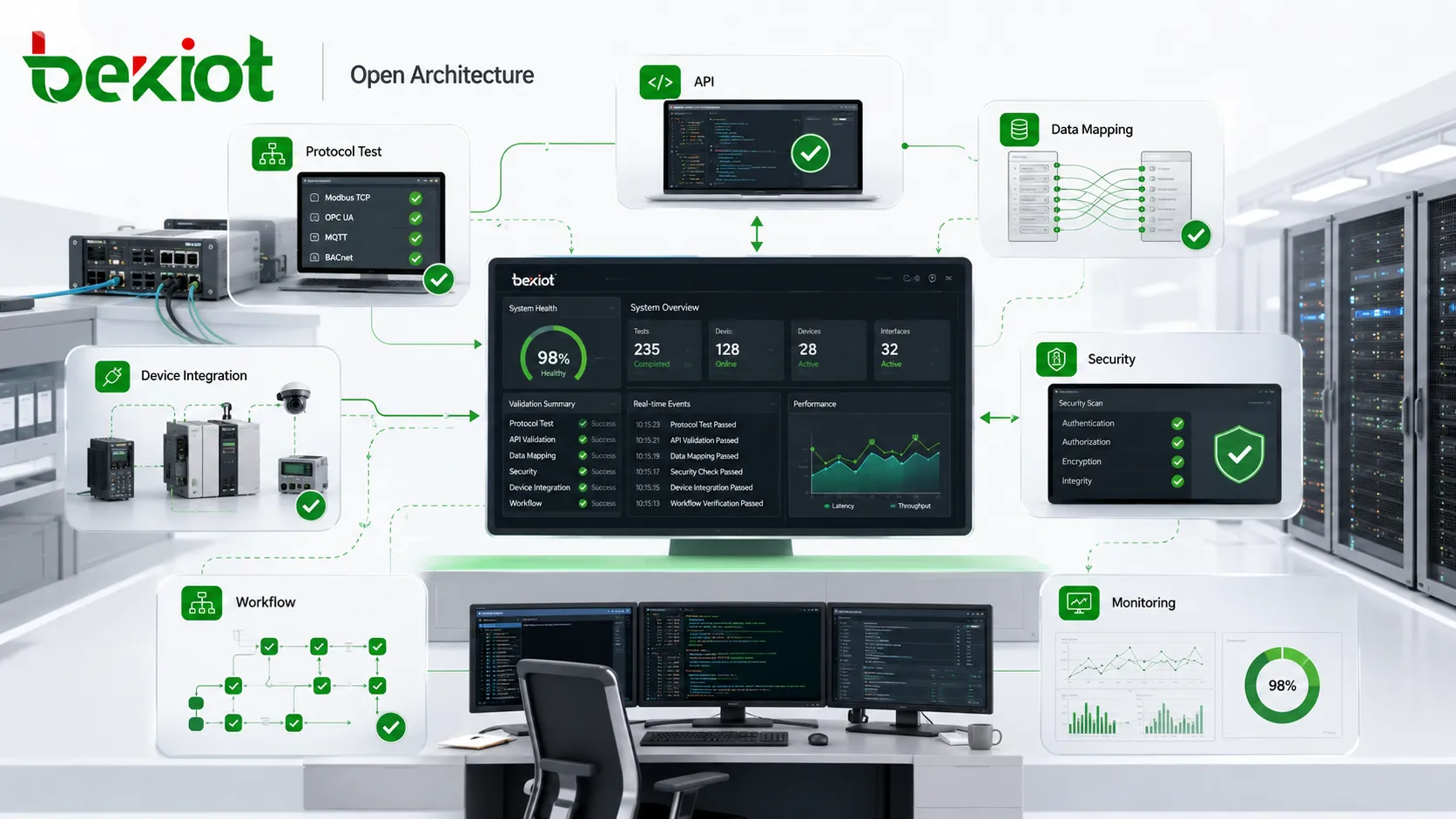 Teste de interoperabilidade de arquitetura aberta com compatibilidade de protocolo, validação de API, mapeamento de dados, segurança, integração de dispositivos, verificação de fluxo e monitoramento