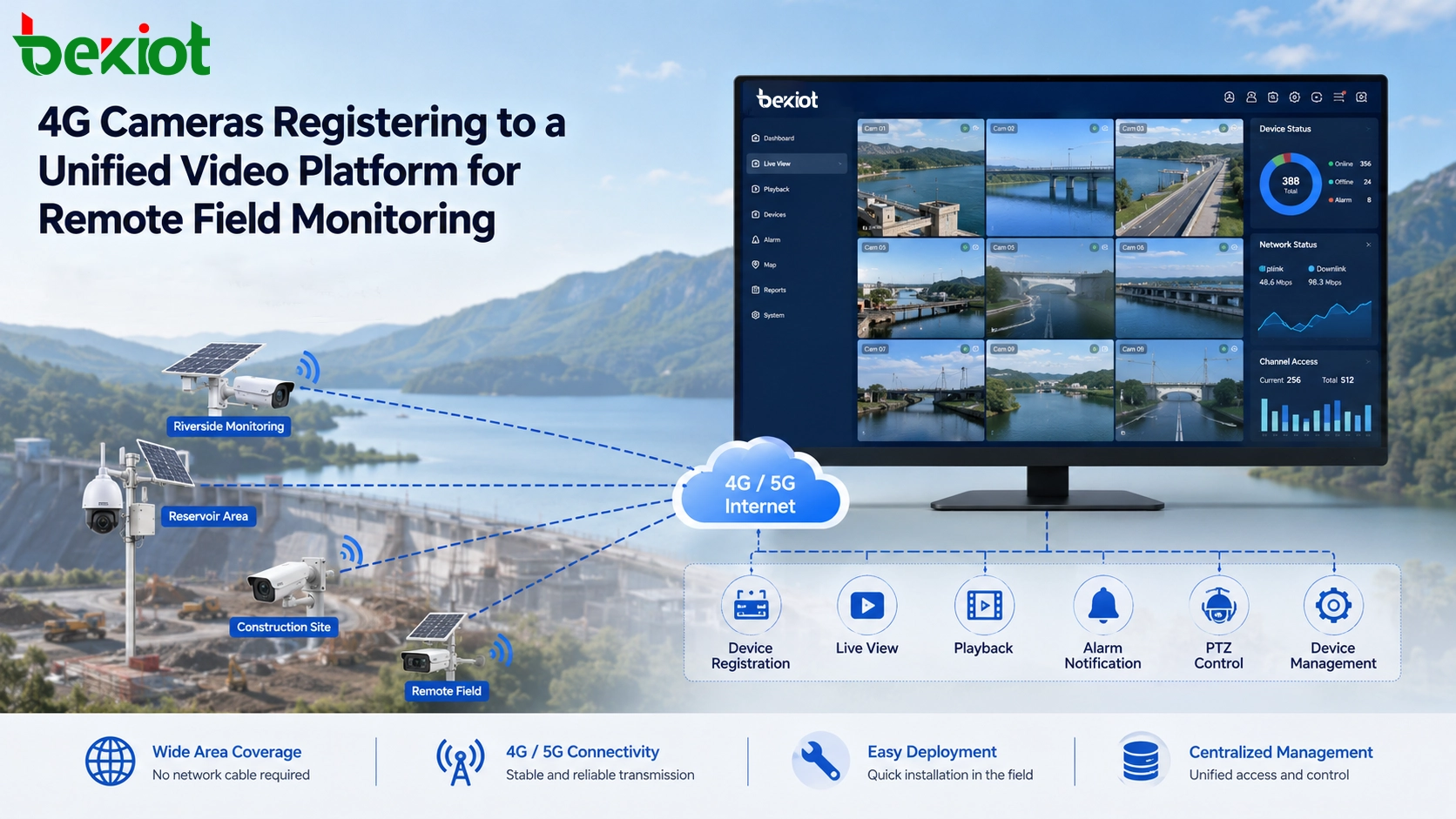 Câmeras 4G se registrando em uma plataforma de vídeo unificada para monitoramento remoto de campo