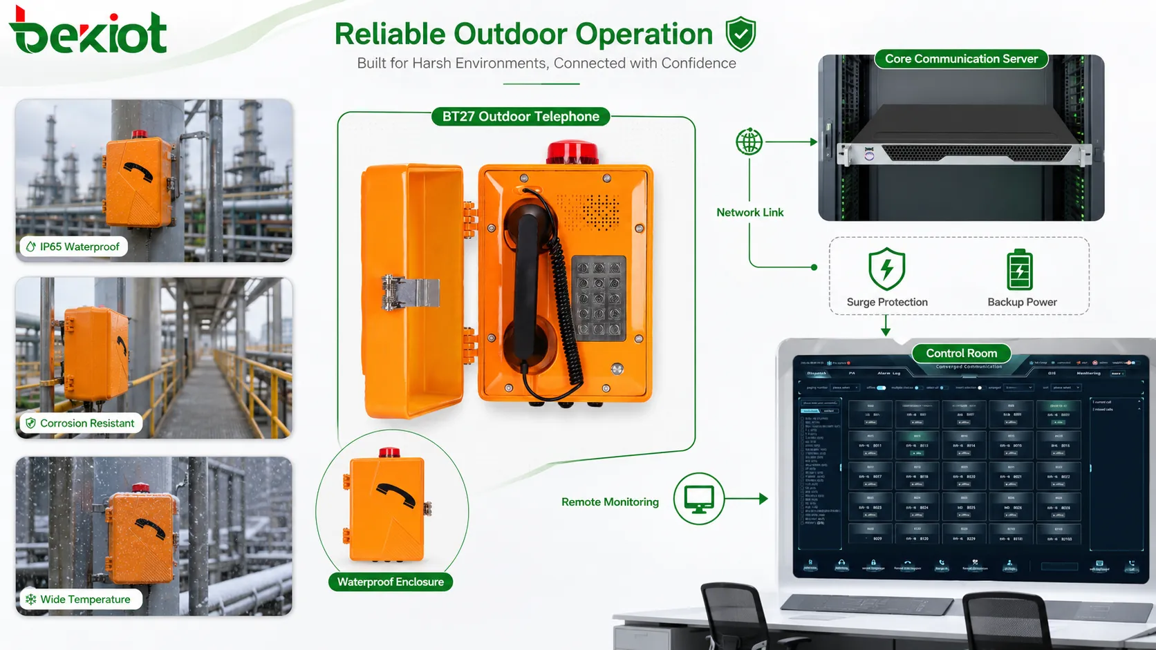 Dispositivo de comunicação externo com telefone impermeável, cabo de rede, proteção contra surto, energia de backup, conexão à sala de controle e monitoramento remoto