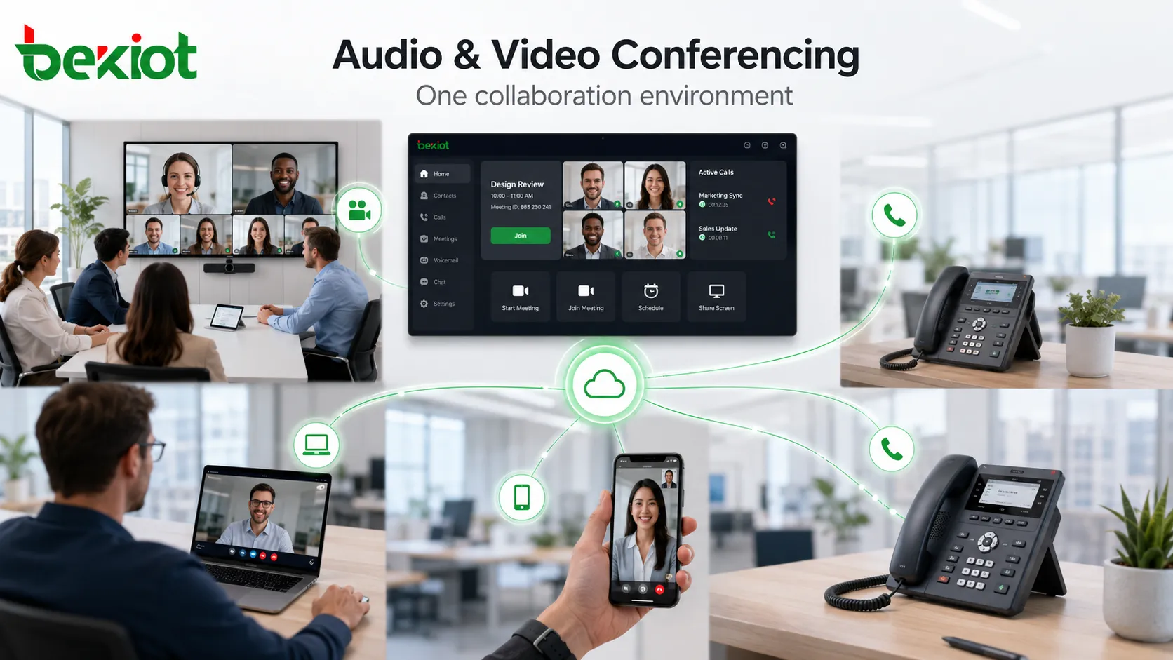 Áudio conferência integrada com salas de videoconferência, telefones SIP, usuários móveis e plataformas de comunicação empresarial