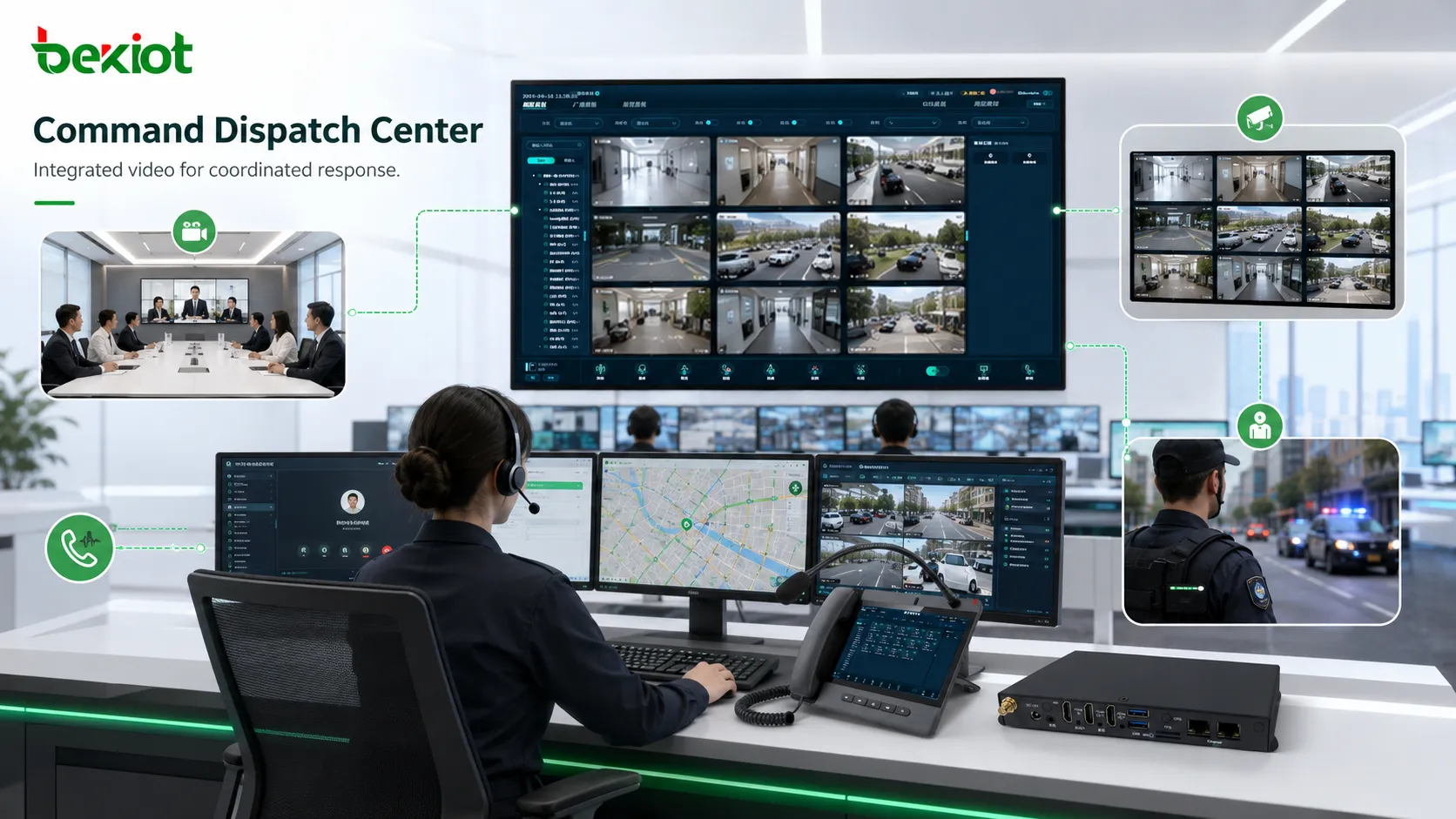 Centro de despacho de comando integrando salas de videoconferência, fluxos de vigilância, comunicação SIP e dispositivos de vídeo de campo
