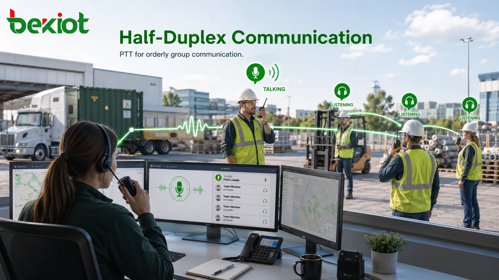 Comunicação de rádio half-duplex com pressionar para falar para despacho de campo e grupos de trabalho multiusuário