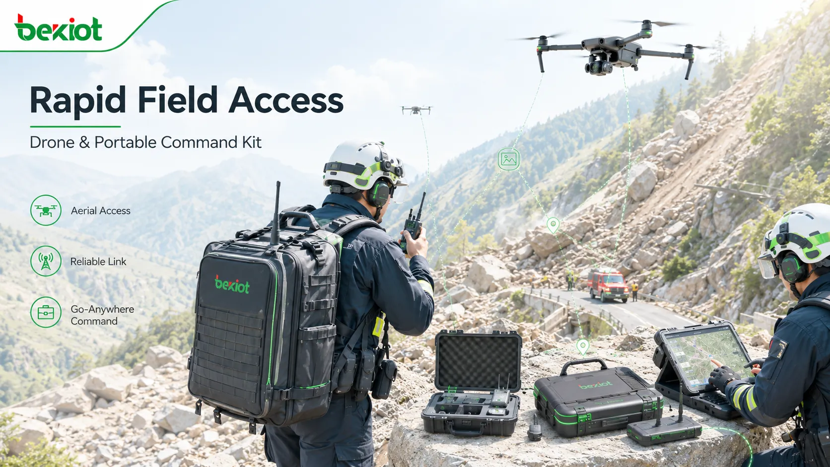 Drones e kits de comando de emergência portáteis usados quando as estradas estão bloqueadas após desastres