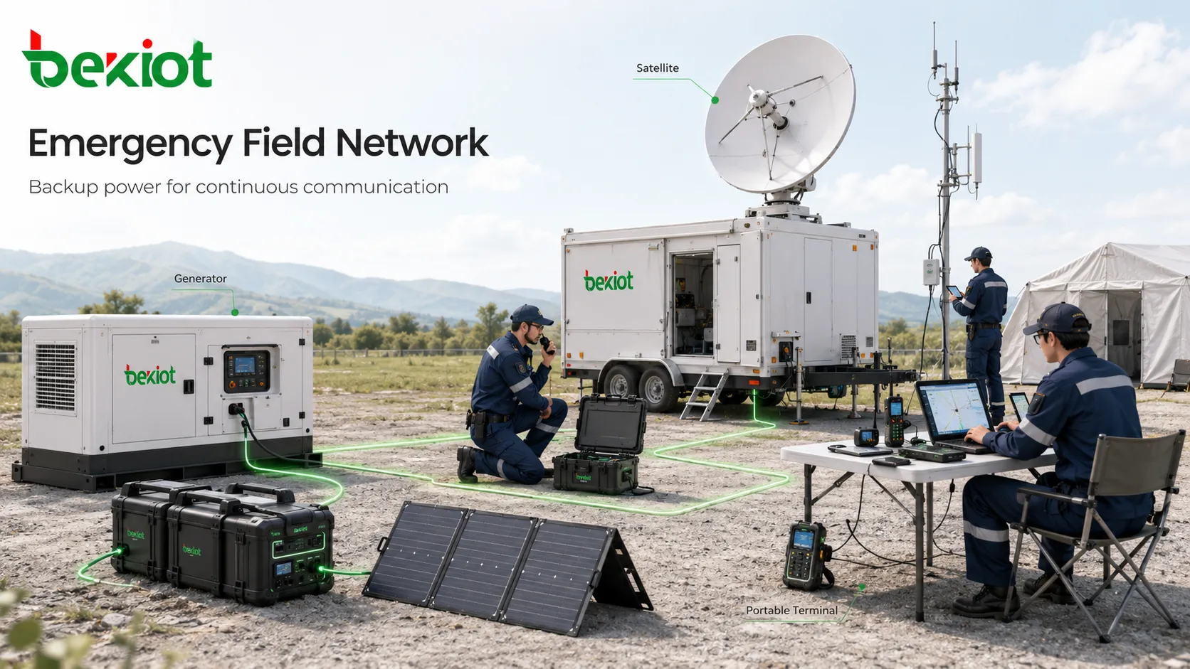 Rede de campo de comando de emergência com comunicação via satélite, gerador de energia de reserva e terminais portáteis
