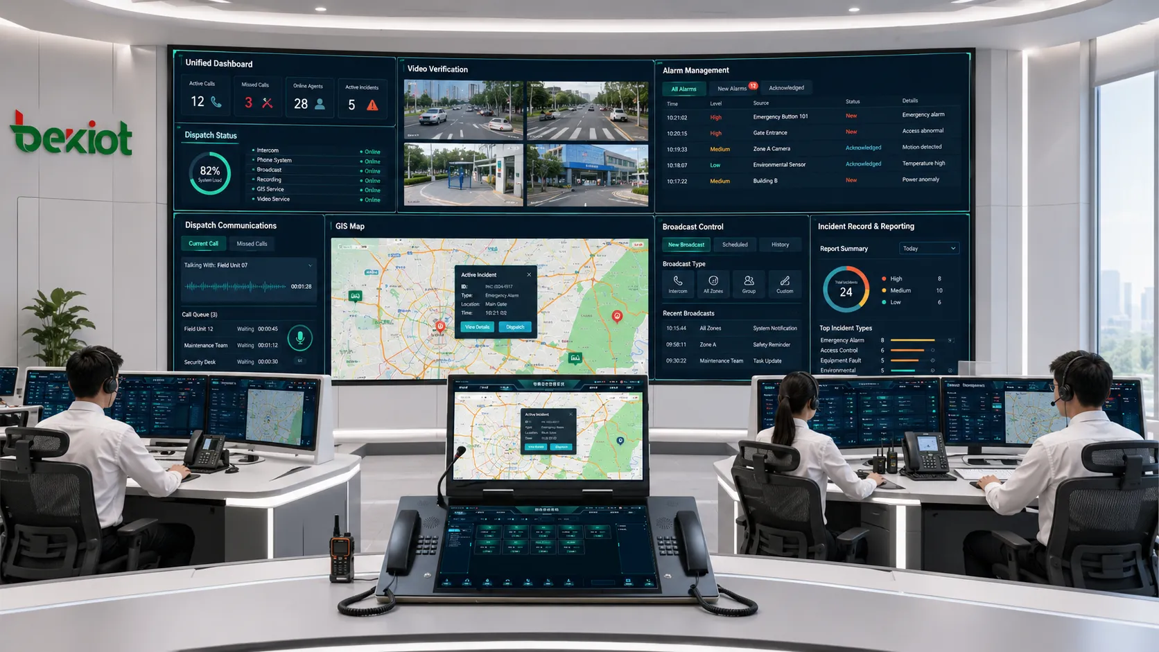 Módulos funcionais do centro de comando mostrando painel unificado, verificação por vídeo, gestão de alarmes, mapa SIG, despacho, comunicação, registro de incidentes e fluxo de trabalho de relatórios