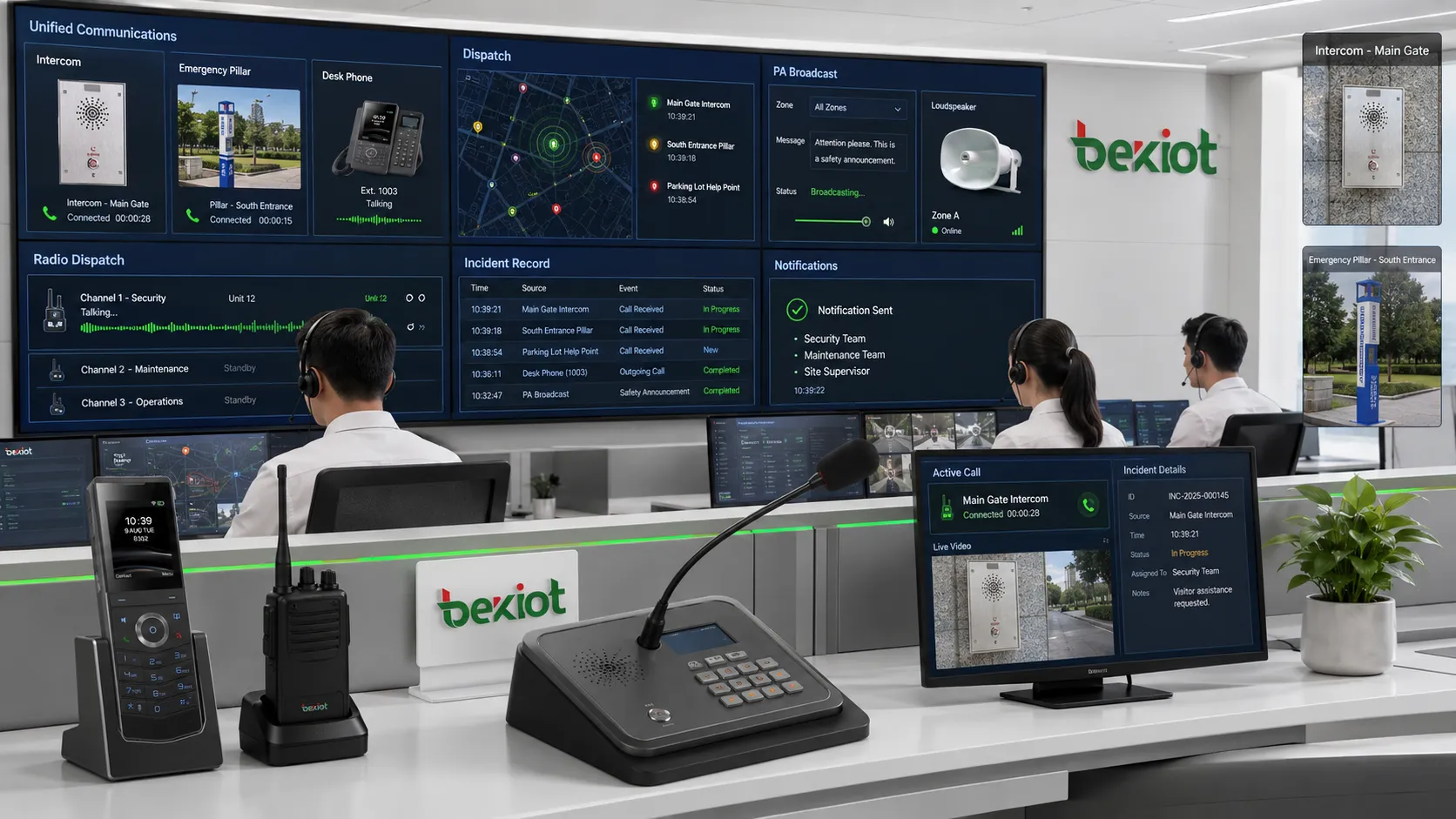 Comunicação e despacho no centro de comando mostrando chamada de voz do operador, aviso de sonorização, ponto de ajuda por interfone, notificação móvel, gateway de rádio e vínculo com registro de incidente