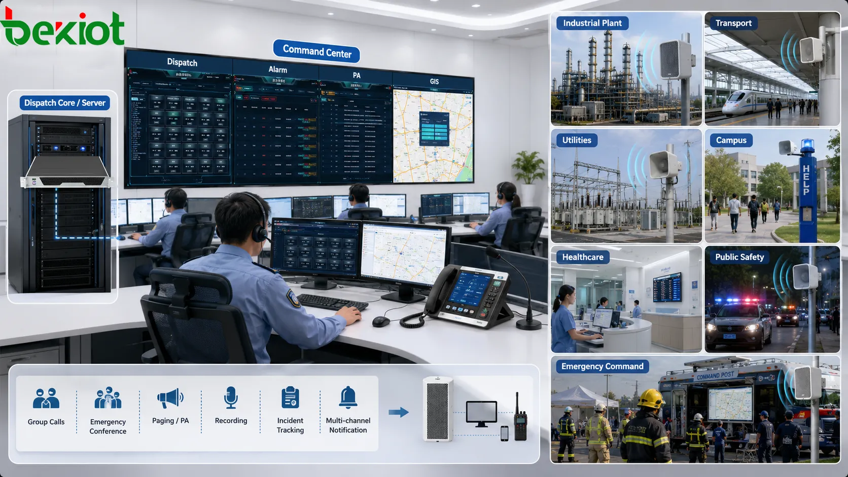 Cenários do Sistema de Comando e Despacho mostrando planta industrial transporte energia campus hospital segurança pública e comando de emergência