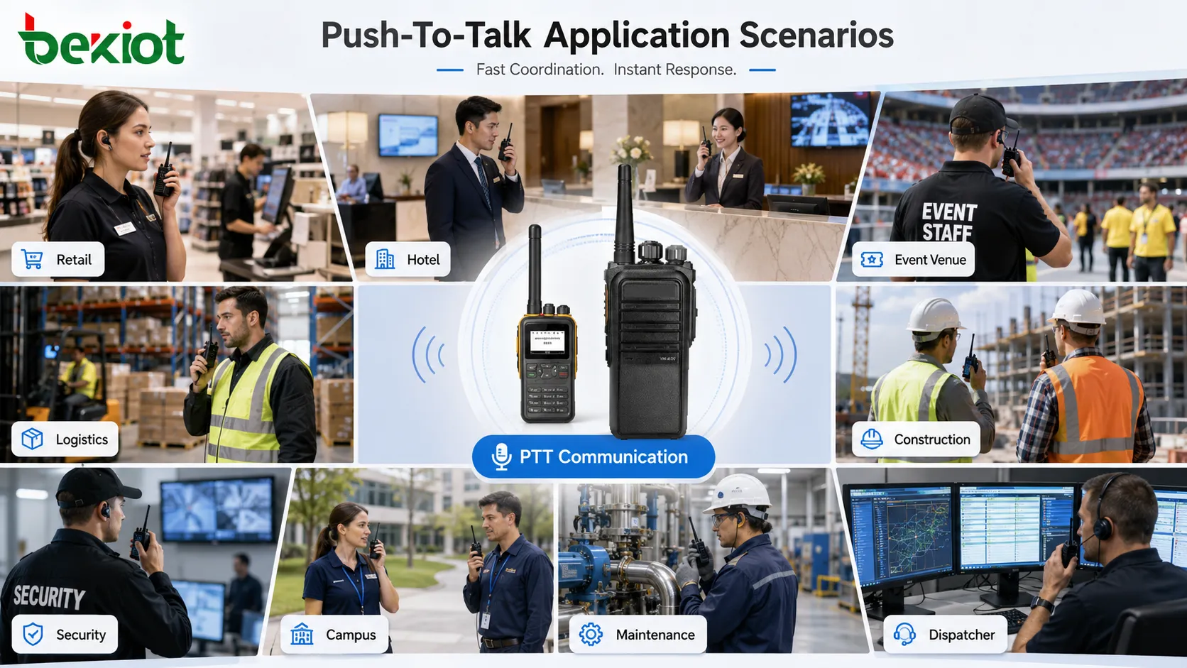 Cenários Push-To-Talk com patrulha de segurança, manutenção industrial, frota logística, obra, campus e coordenação de despacho