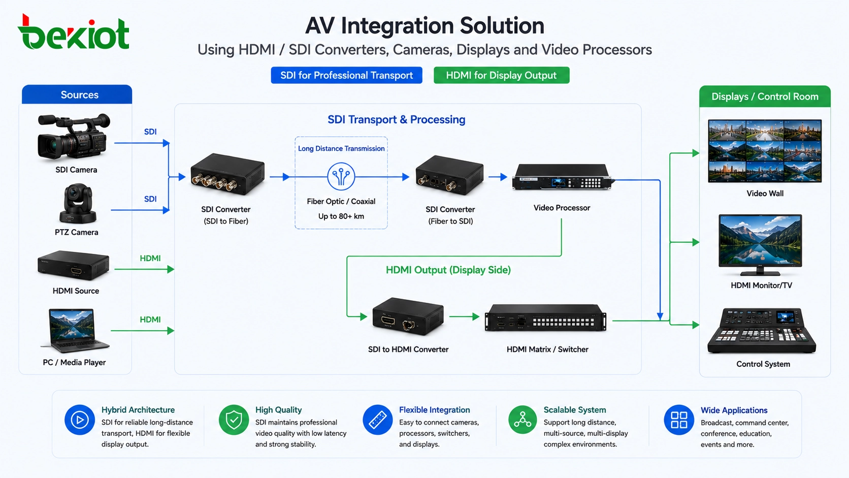 Solução de integração AV usando conversores HDMI SDI, câmeras, telas e processadores de vídeo