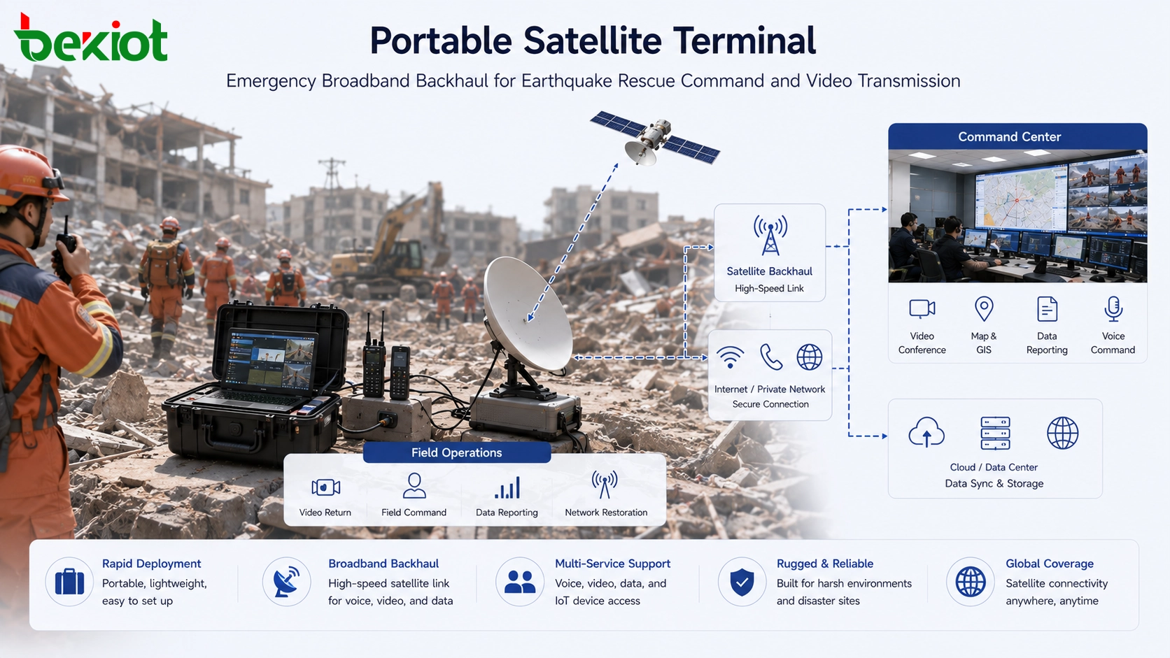 Terminal via satélite portátil fornecendo retransmissão de banda larga de emergência para comando de resgate após terremoto e transmissão de vídeo