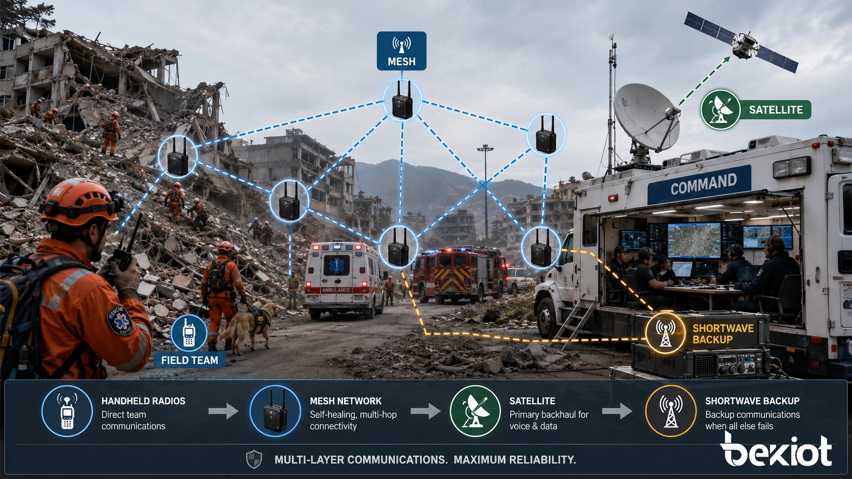 Rede de comunicação de comando de emergência para resgate após terremoto com rádios, malha, retransmissão via satélite e backup de ondas curtas