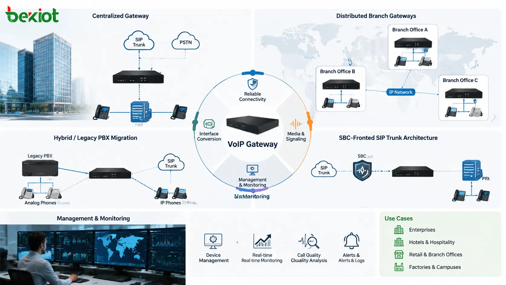 Padrões de implantação de gateway VoIP com arquitetura centralizada, gateways distribuídos, migração PBX híbrida, SIP trunk com SBC frontal e gestão