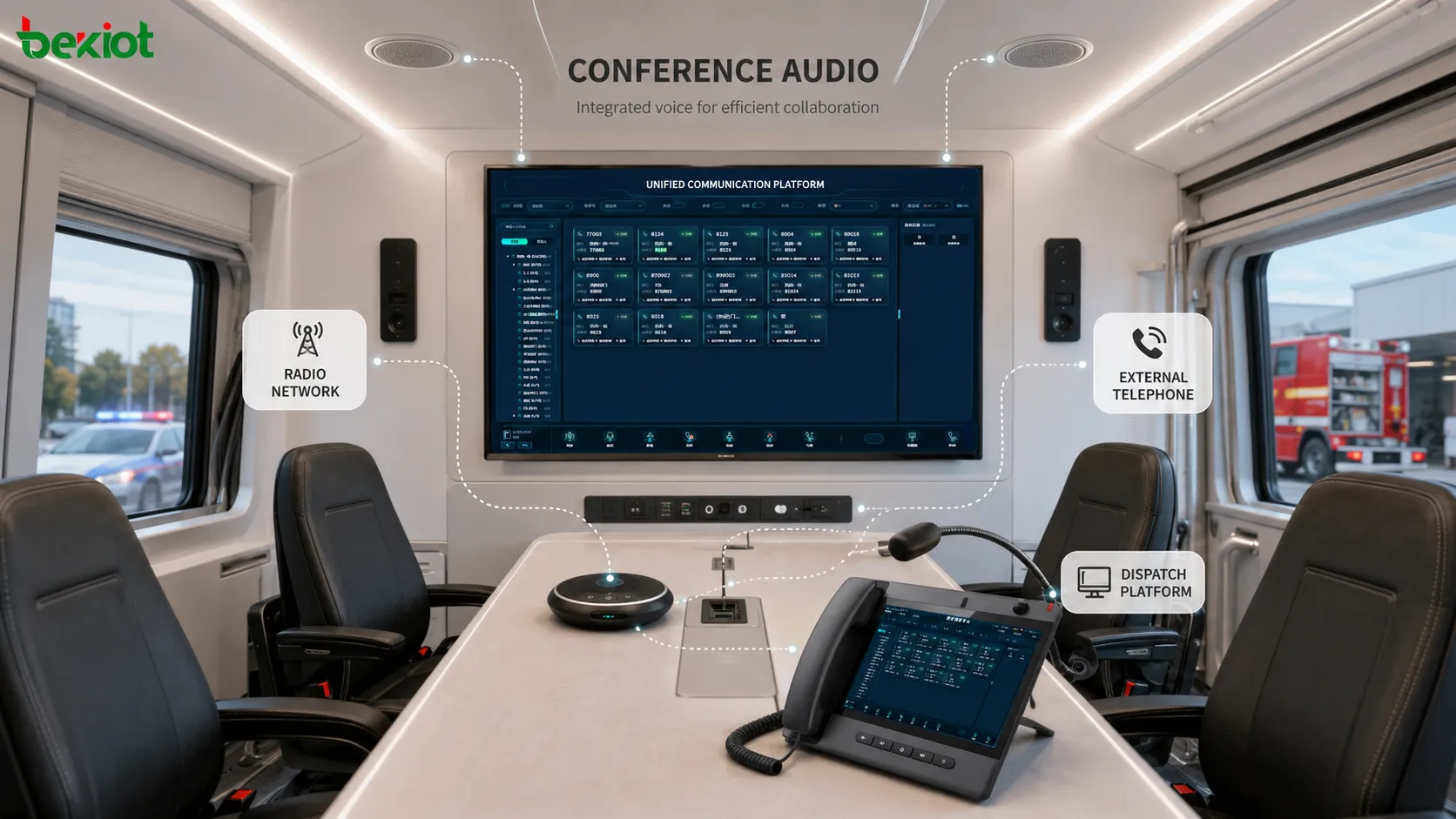 Áudio de conferência em veículo de comando de emergência integrado com comunicações de despacho, redes de rádio e acesso telefônico externo
