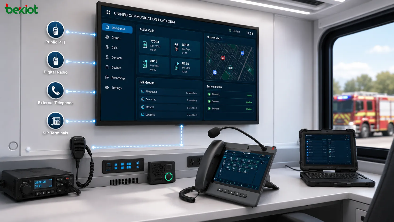 Despacho entre redes em veículo de comando móvel conectando PTT público, rádio digital, telefone externo e terminais SIP
