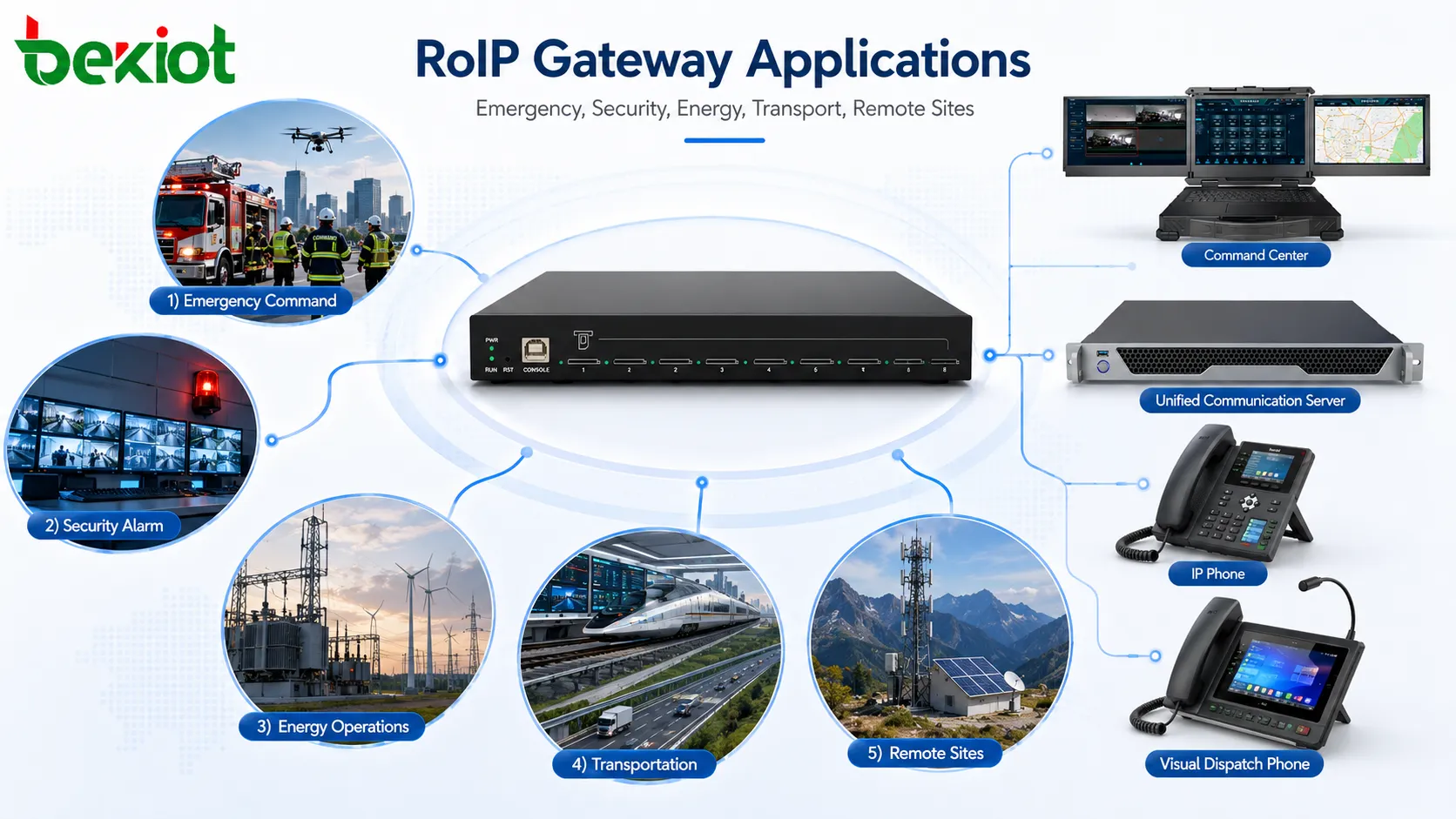 Aplicações do gateway RoIP em comando de emergência, vinculação de alarmes de segurança, energia, transporte e comunicação em locais remotos