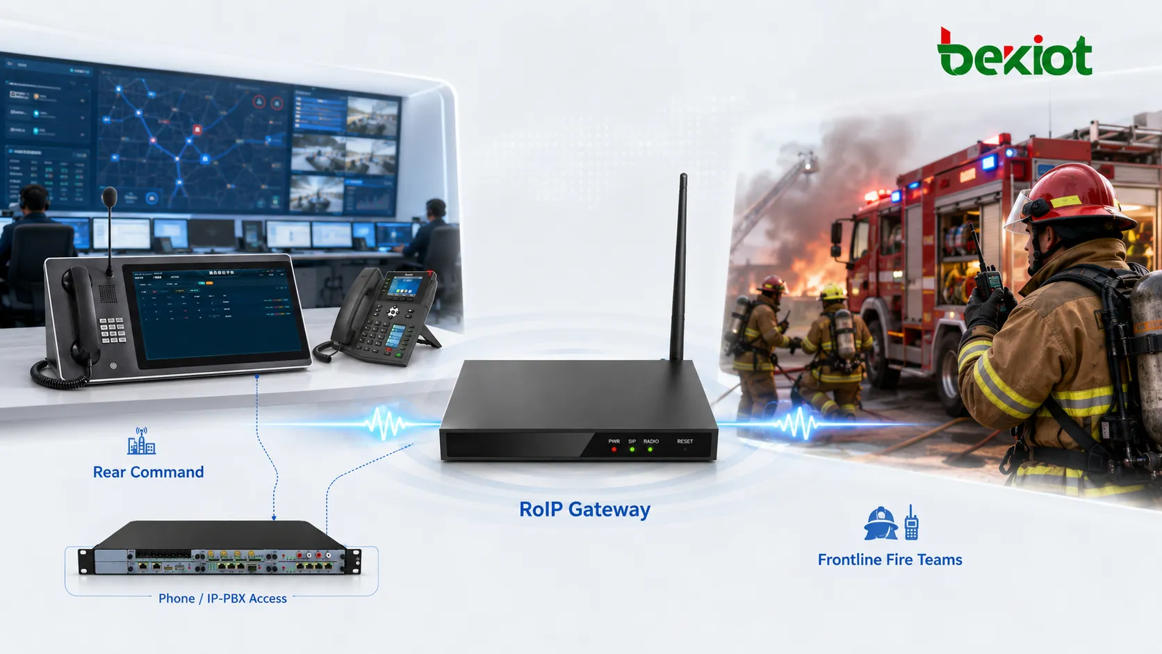 Gateway RoIP permitindo que usuários de telefone do centro de comando traseiro se comuniquem com equipes de rádio da linha de frente em operações de resgate de incêndio