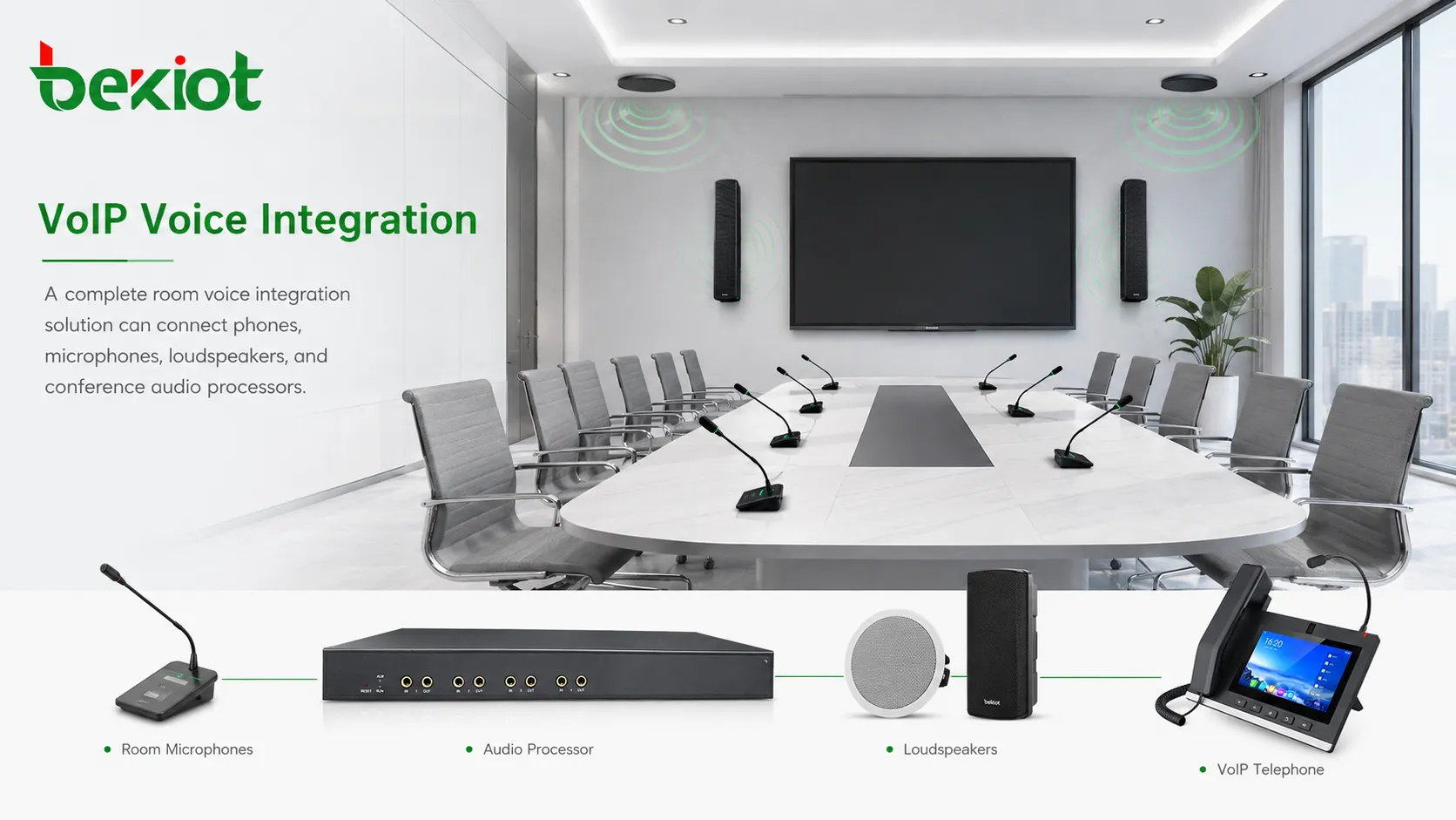 Voz telefônica VoIP integrada com microfones, alto-falantes e processador de áudio da sala de reuniões