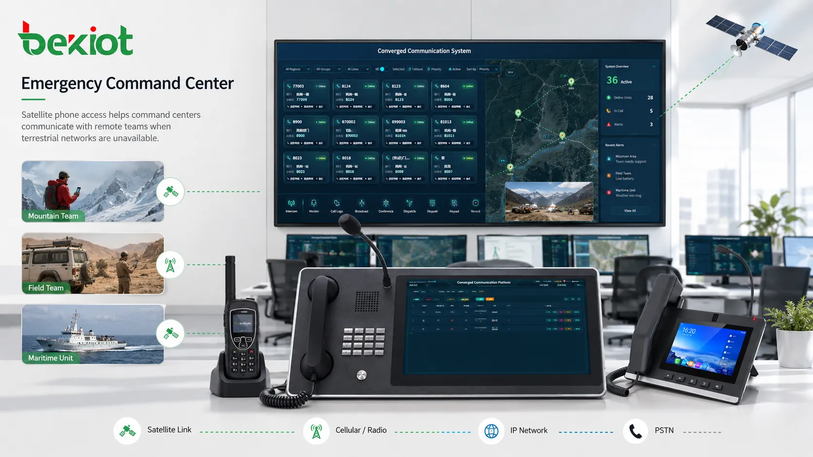 Centro de comando de emergência usando telefones via satélite, telefones IP e consoles de despacho para comunicação em campo
