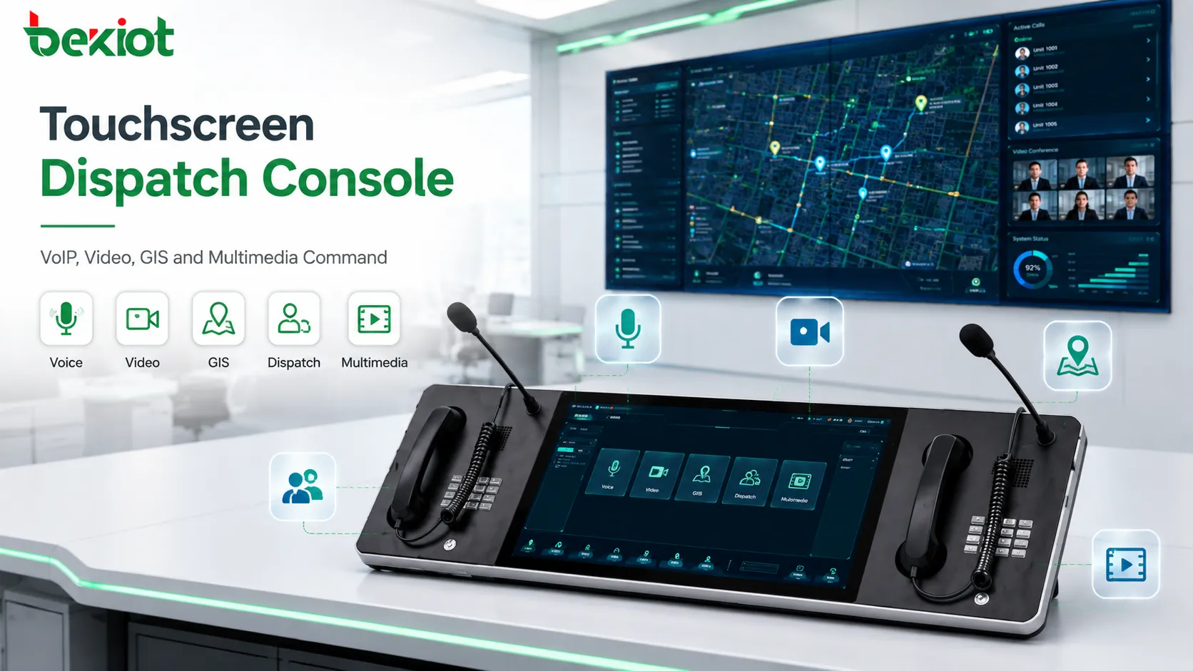 Console de despacho com tela sensível ao toque para operação de comando VoIP, voz, vídeo, GIS e multimídia