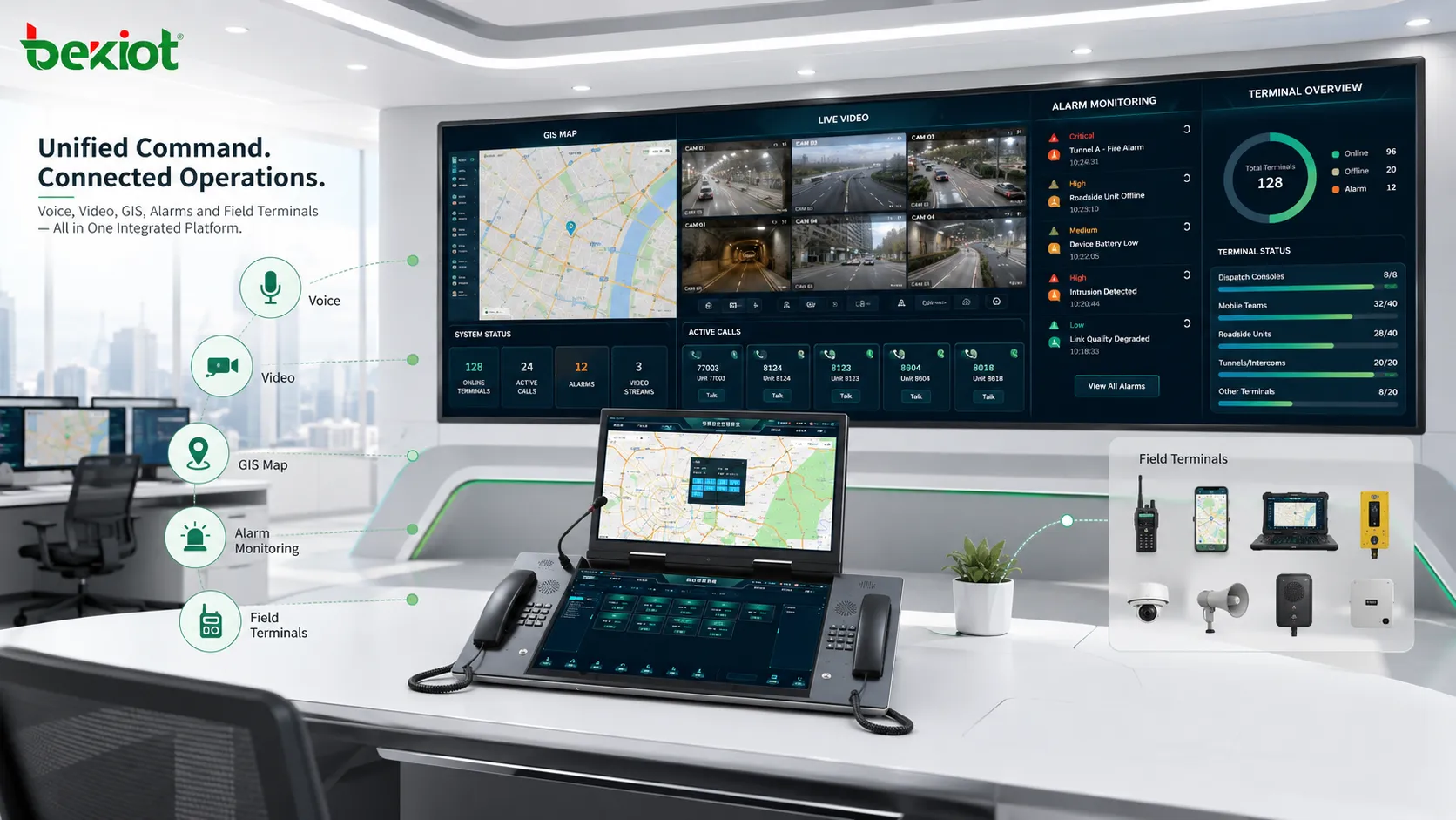 Console de despacho de centro de comando multimonitor integrando voz, vídeo, GIS, alarmes e terminais de campo