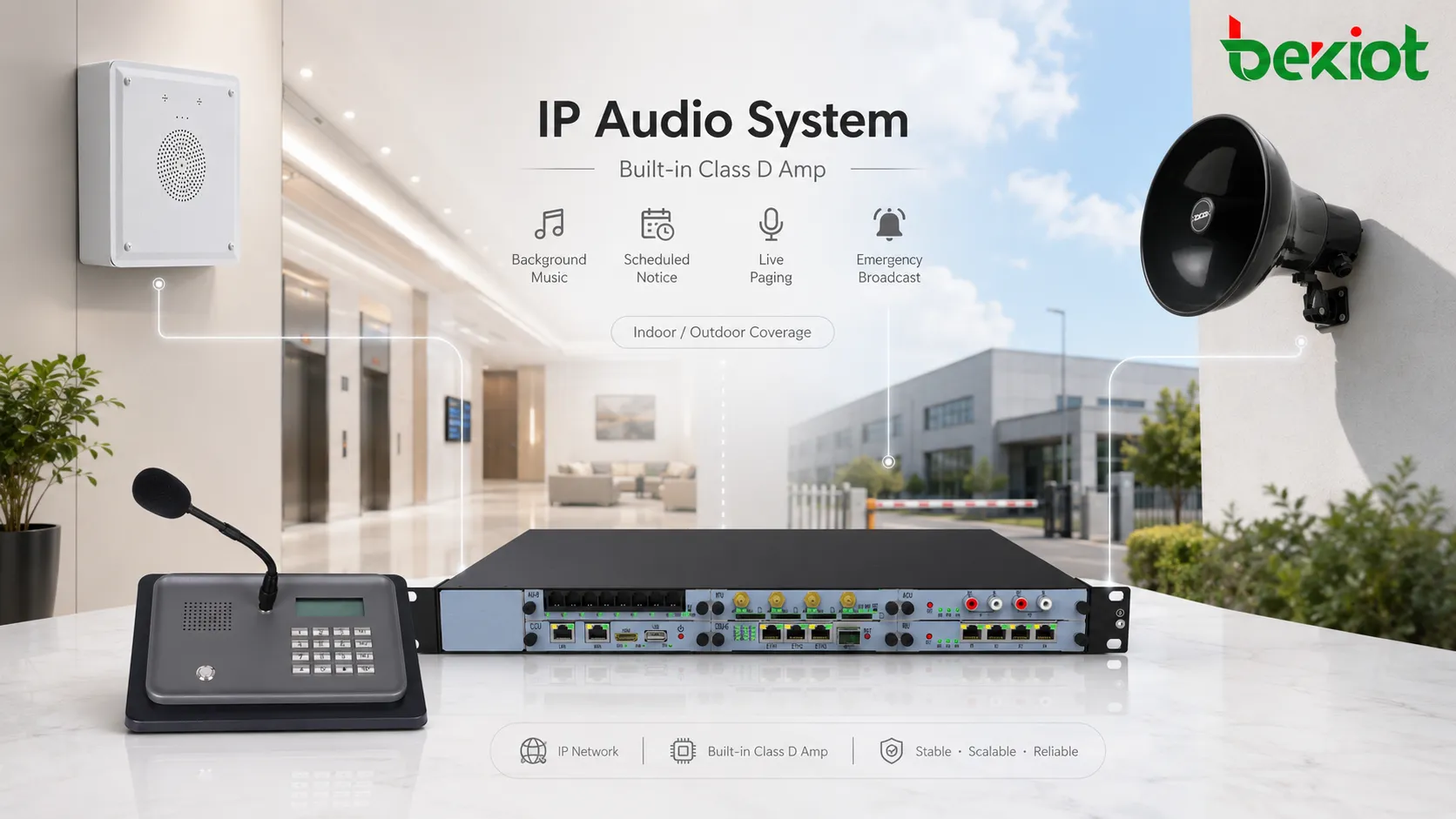 Arquitetura de sistema de áudio SIP com servidor SIP switch PoE alto-falantes de rede e streaming de música ambiente