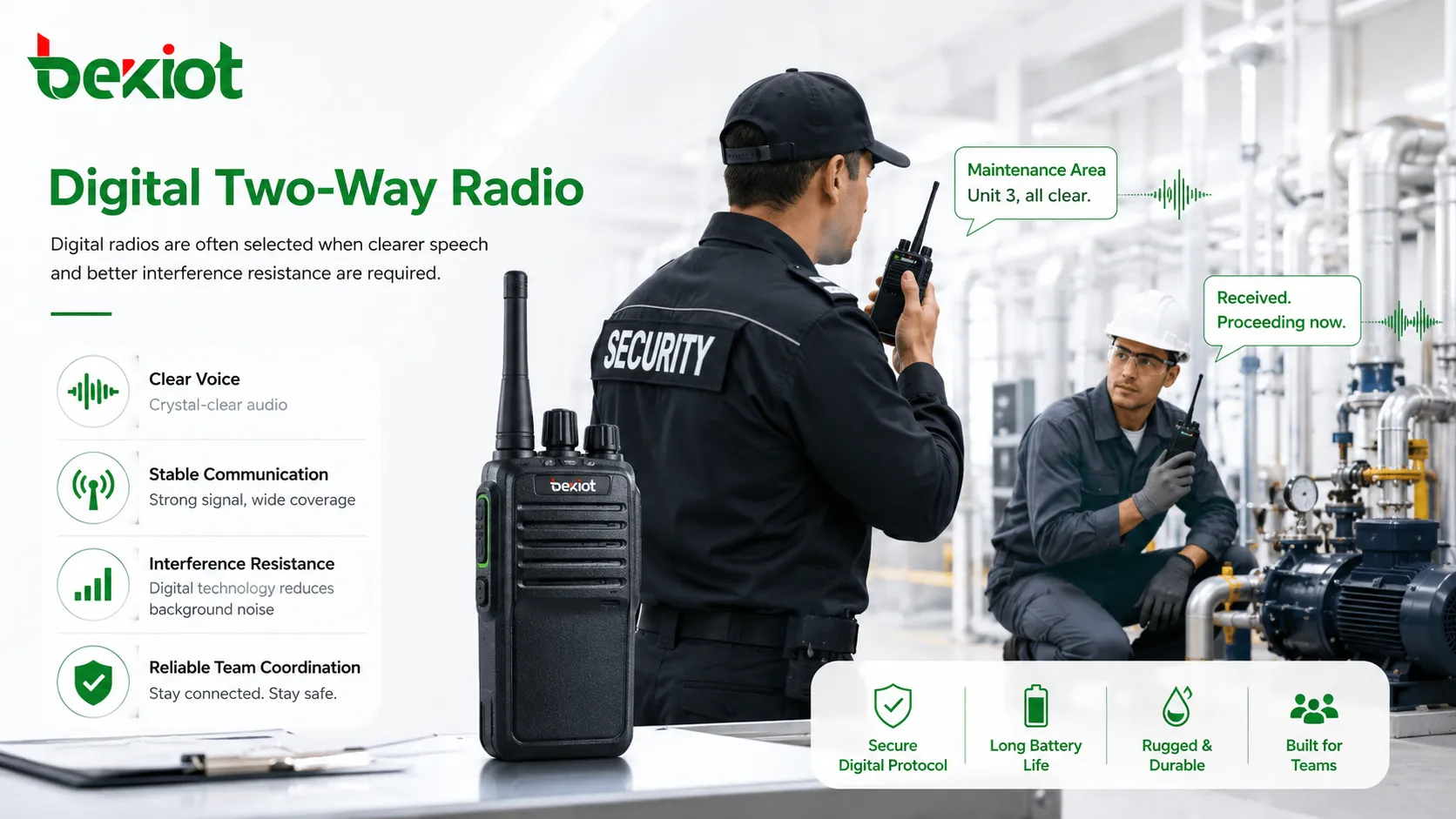Rádio bidirecional digital fornecendo comunicação de voz clara para equipes de segurança e manutenção industrial