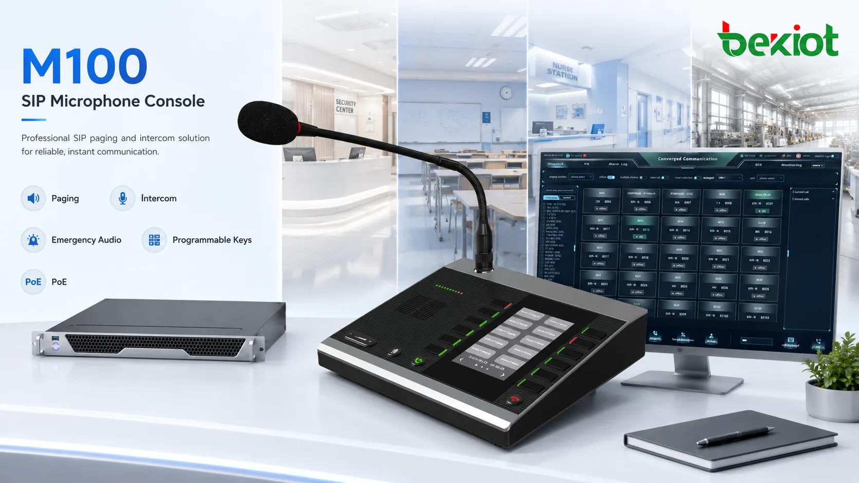 Consola de microfone SIP M100 com microfone gooseneck, teclas programáveis e controles de paging de mesa