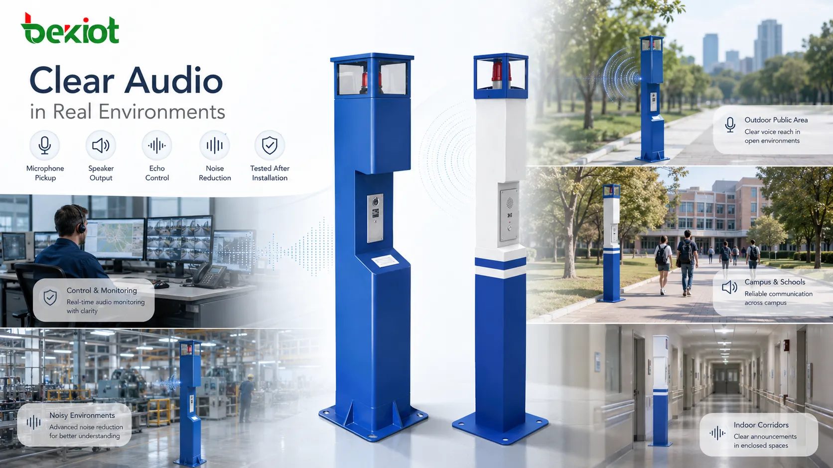 Design de áudio de equipamento de comunicação embutido mostrando captação do microfone, saída do alto-falante, controle de ruído, redução de eco, instalação na parede e comunicação de voz em sala de controle