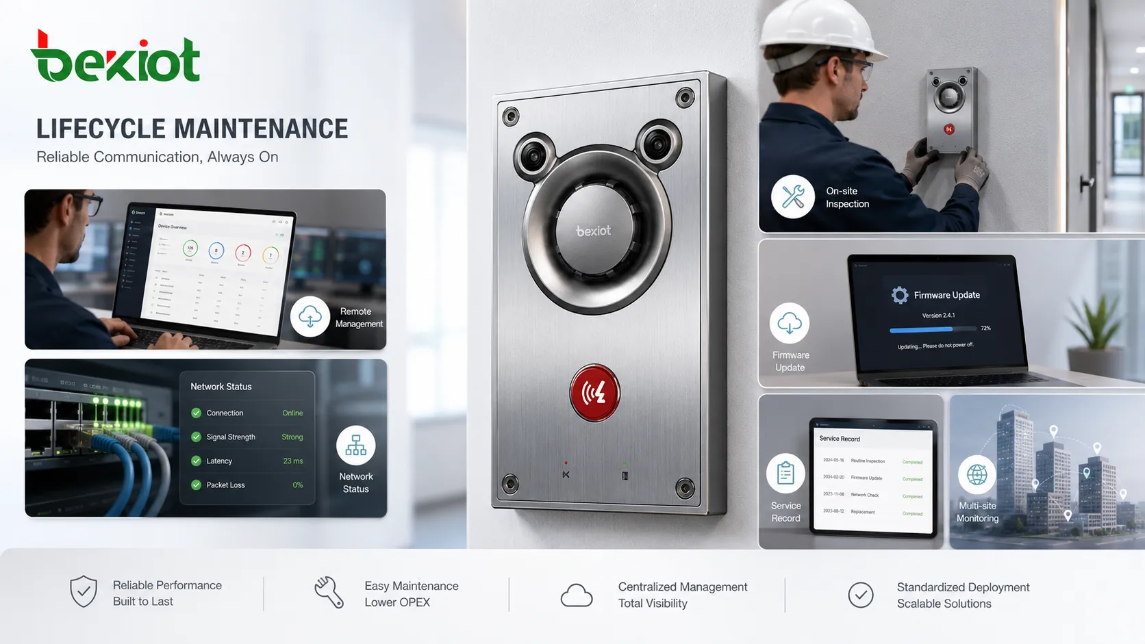 Ciclo de vida de manutenção de equipamento de comunicação embutido mostrando inspeção do dispositivo montado na parede, gerenciamento remoto, estado da rede, verificação dos terminais de cabo, atualização de firmware e registro de serviço