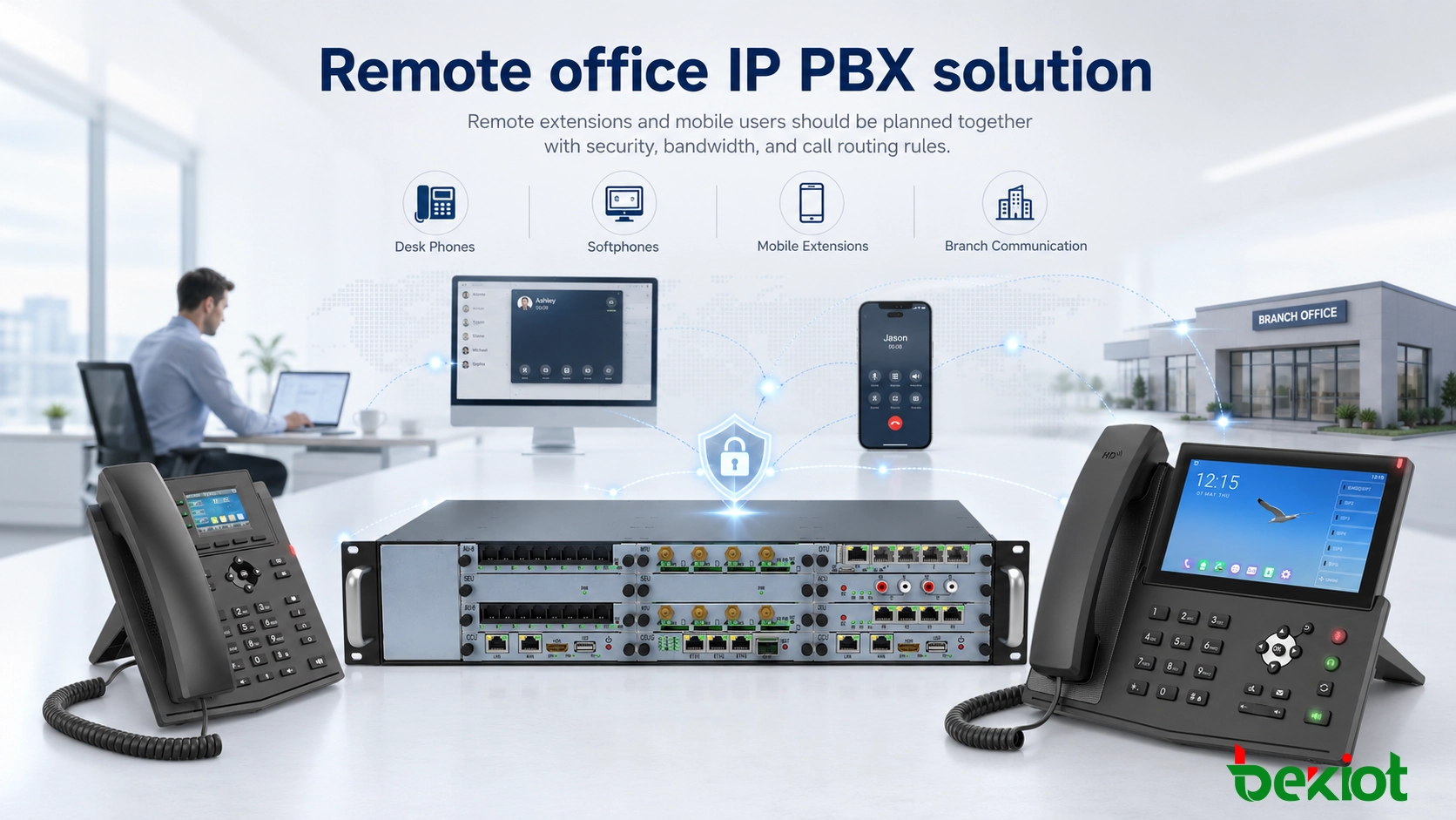 Solução IP PBX para escritório remoto com telefones de mesa, softphones, ramais móveis e comunicação entre filiais