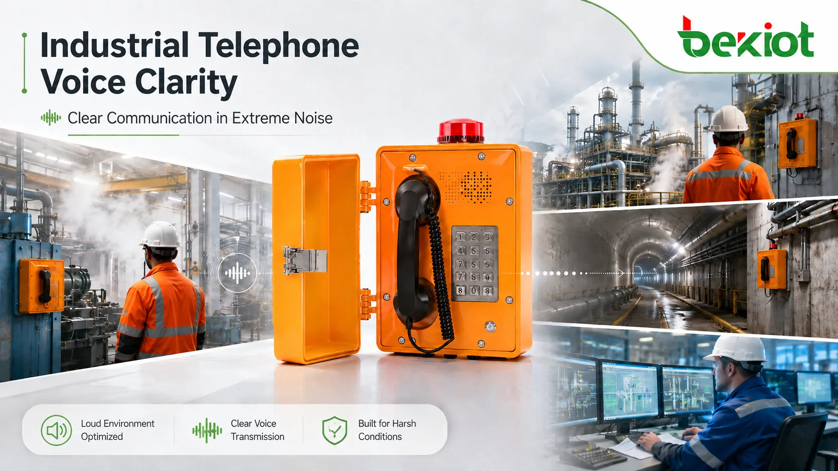 Clareza de voz de telefone industrial em fábrica ruidosa com trabalhador usando telefone robusto, operador de sala de controle, captação de microfone, supressão de ruído e transmissão clara