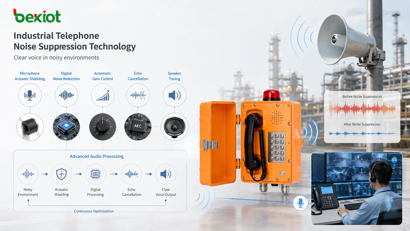Tecnologia de supressão de ruído em telefone industrial com blindagem acústica do microfone, redução digital de ruído, controle automático de ganho, cancelamento de eco e ajuste do alto-falante