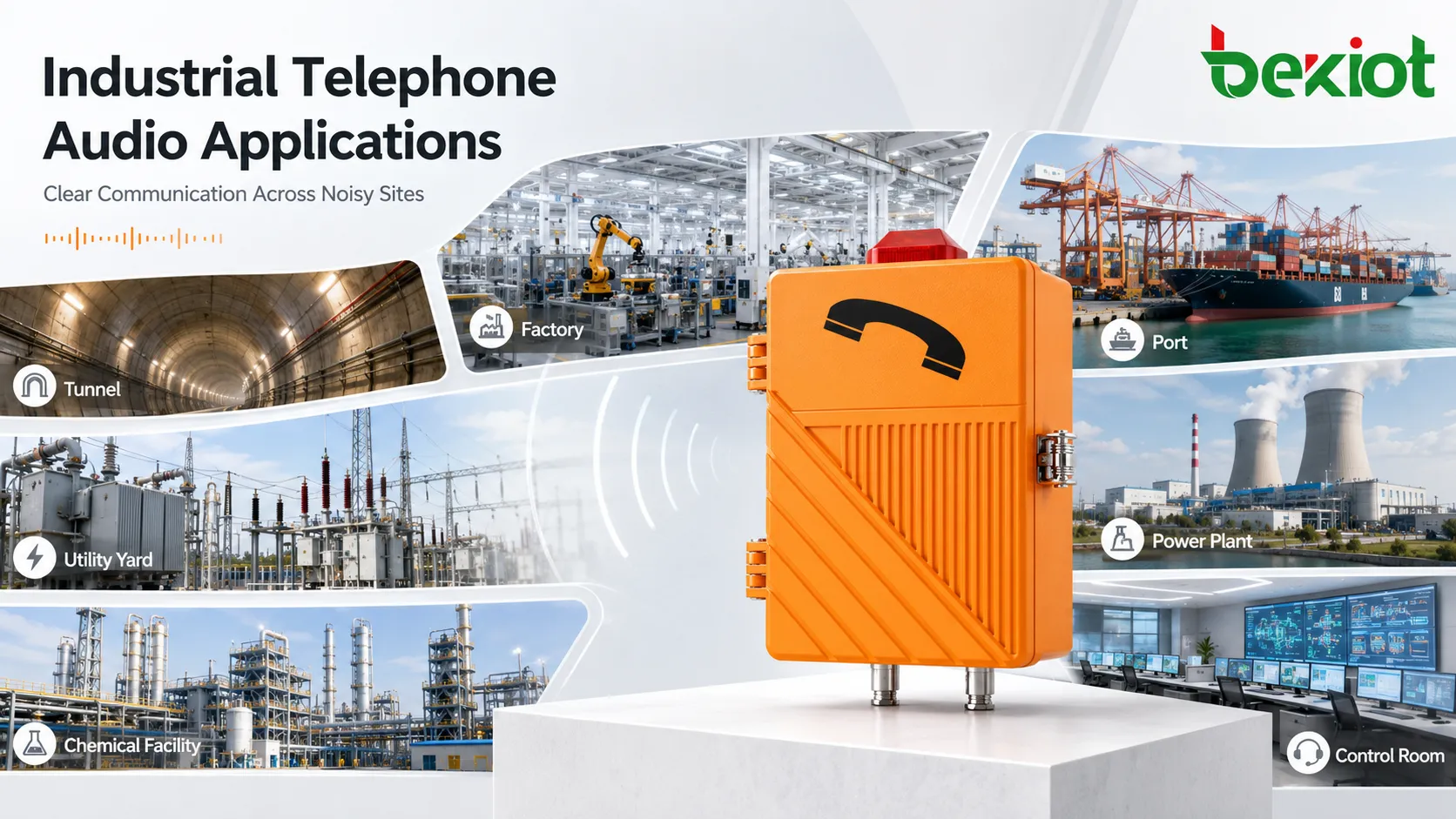 Cenários de áudio de telefone industrial mostrando oficina, túnel, porto, pátio externo, usina, instalação química e comunicação com sala de controle