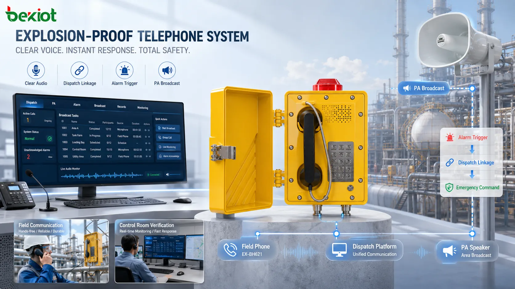 Integração de áudio de telefone à prova de explosão com telefone de área perigosa console de despacho sistema de alarme plataforma SIP alto-falante de paging e fluxo de voz clara