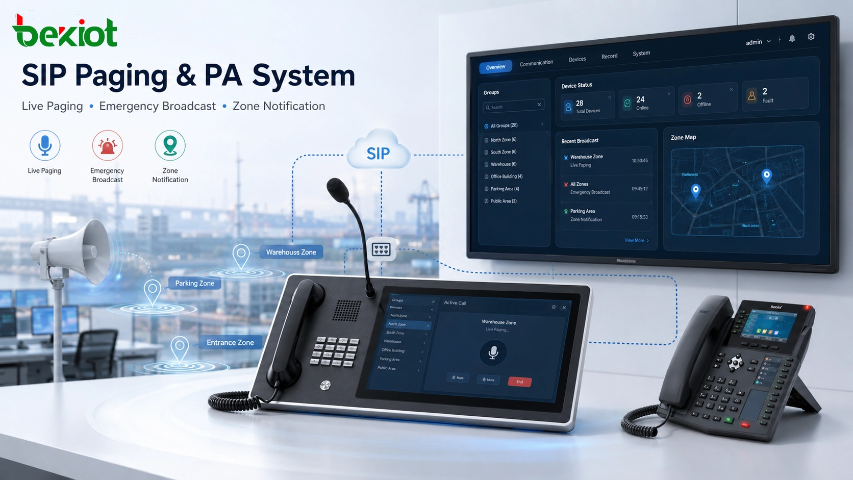 Sistema de sonorização SIP e alto-falantes públicos conectado a console de despacho, telefones IP e plataforma de comunicações de emergência