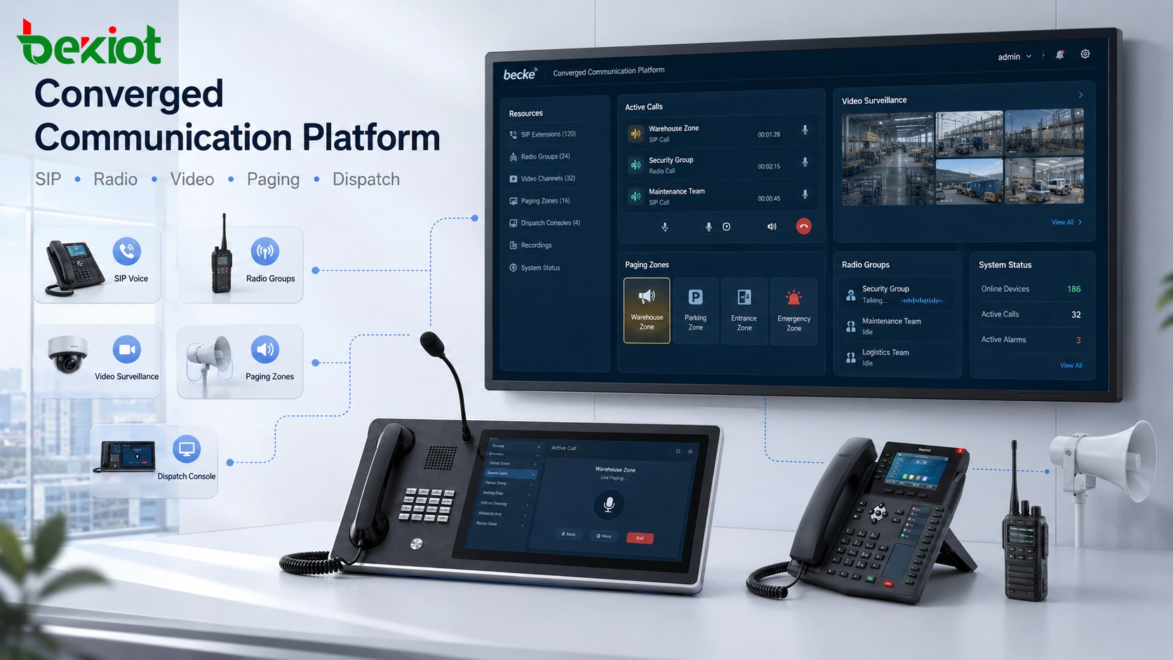Interface da plataforma de comunicações convergentes conectando voz SIP, rádio, vídeo, sonorização e recursos de despacho