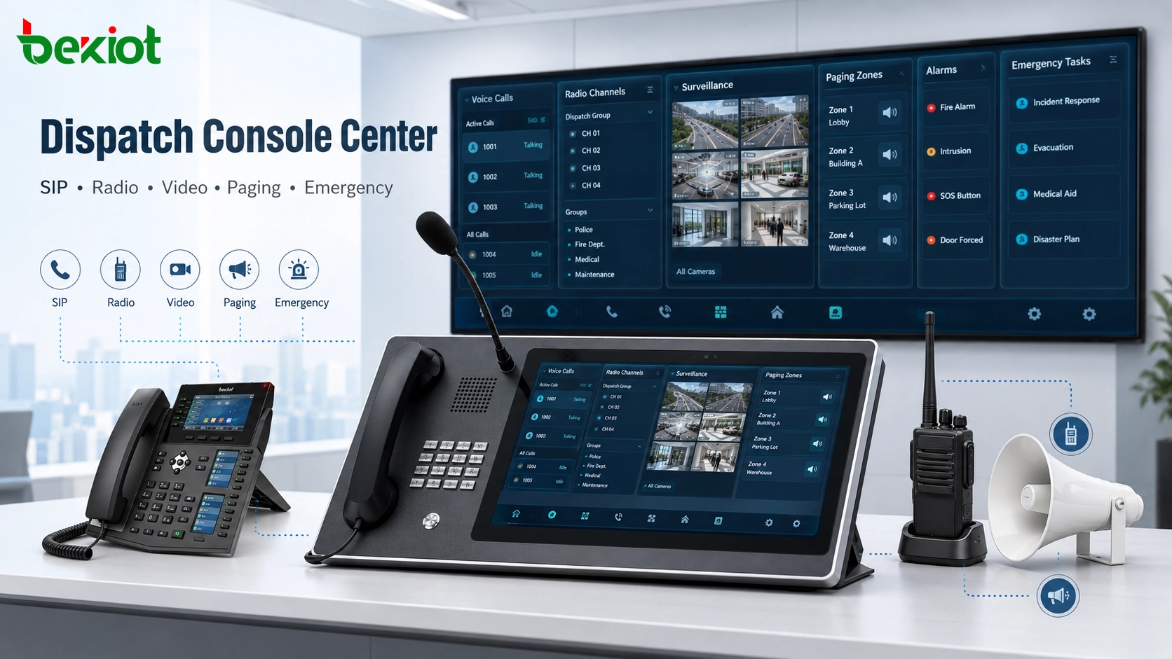 Console de despacho gerenciando telefones SIP, acesso por rádio, videovigilância, sonorização e comunicação de emergência