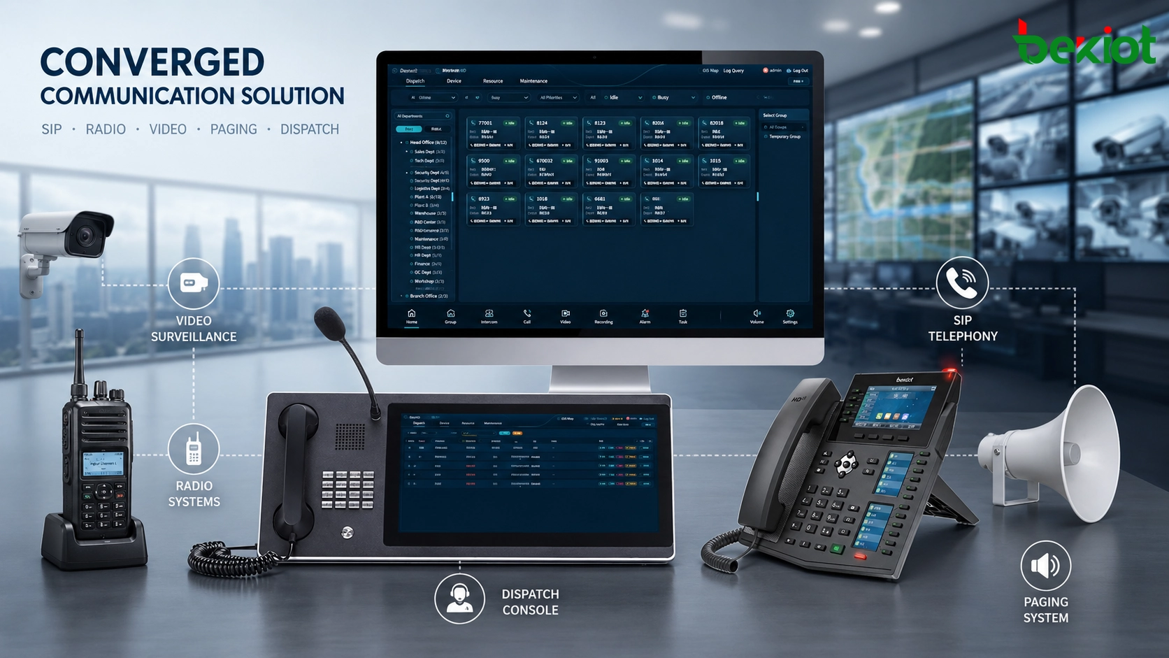 Solução de comunicações convergentes conectando telefones SIP, sistemas de rádio, videovigilância, sonorização e plataforma de despacho