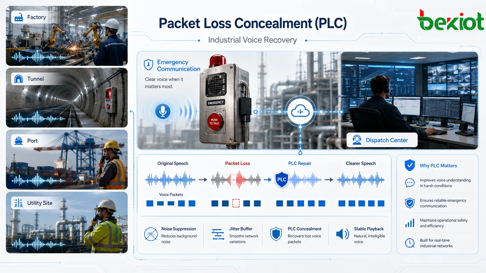 Packet Loss Concealment na comunicação industrial mostrando telefone de emergência intercom SIP centro de despacho fábrica ruidosa perda de pacotes de rede e recuperação de voz mais clara