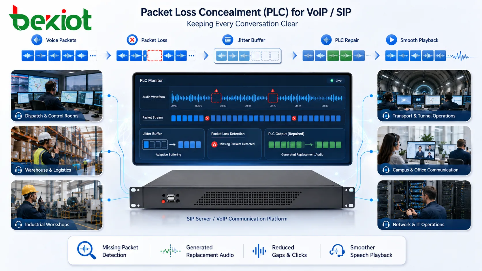 Reparo de áudio com Packet Loss Concealment mostrando pacotes de voz VoIP detecção de pacote ausente áudio de substituição gerado buffer de jitter e reprodução de voz mais suave