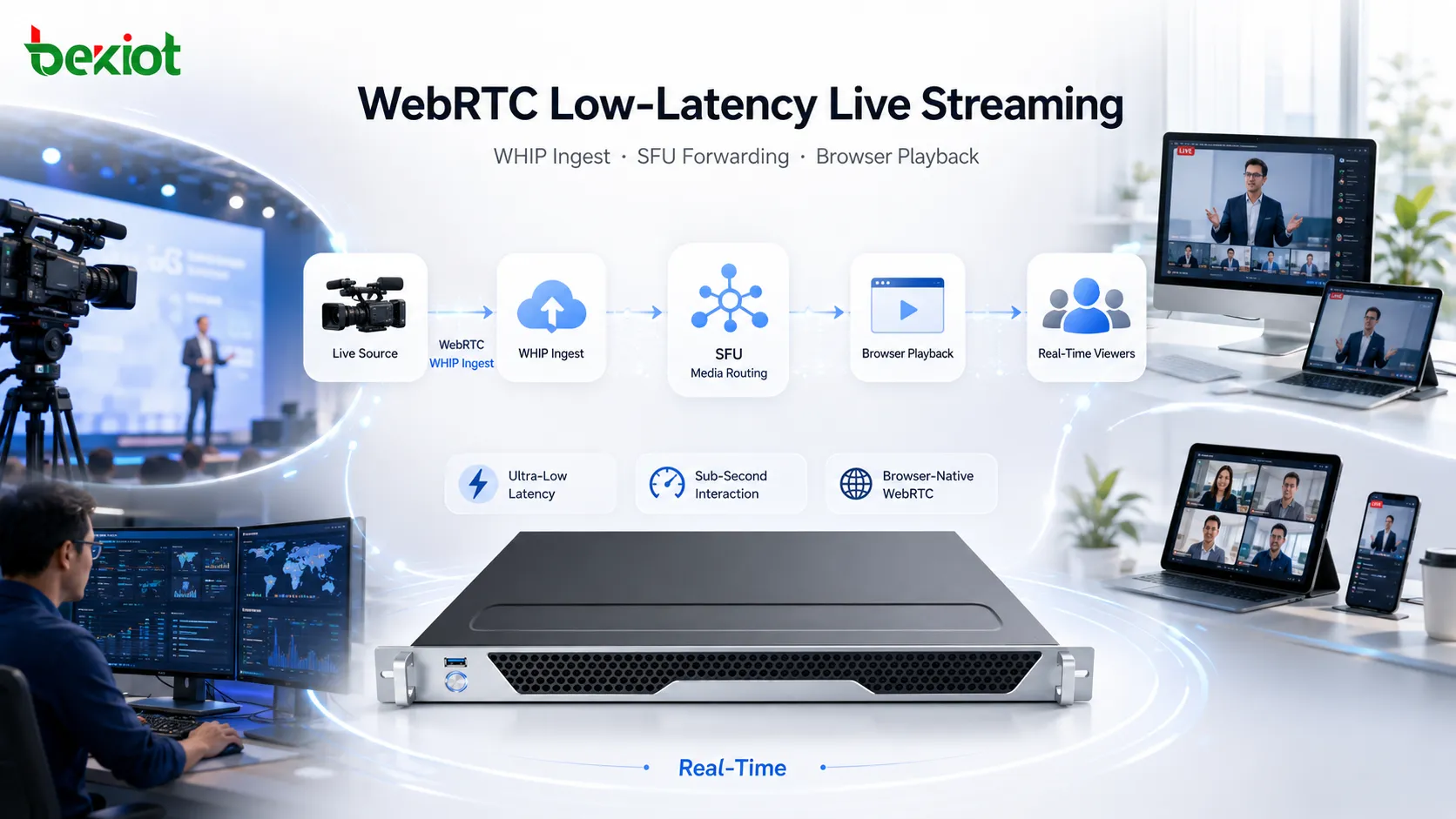 Arquitetura de streaming WebRTC de baixa latência com ingestão WHIP, roteamento de mídia SFU e reprodução no navegador