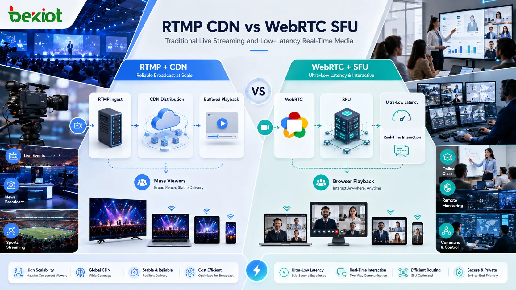 Arquitetura de streaming RTMP CDN comparada com arquitetura WebRTC SFU de baixa latência
