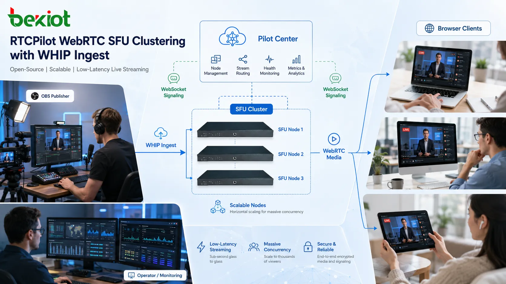 Ingestão WebRTC WHIP e arquitetura de cluster SFU com Pilot Center, nós SFU, publicador OBS e clientes de navegador