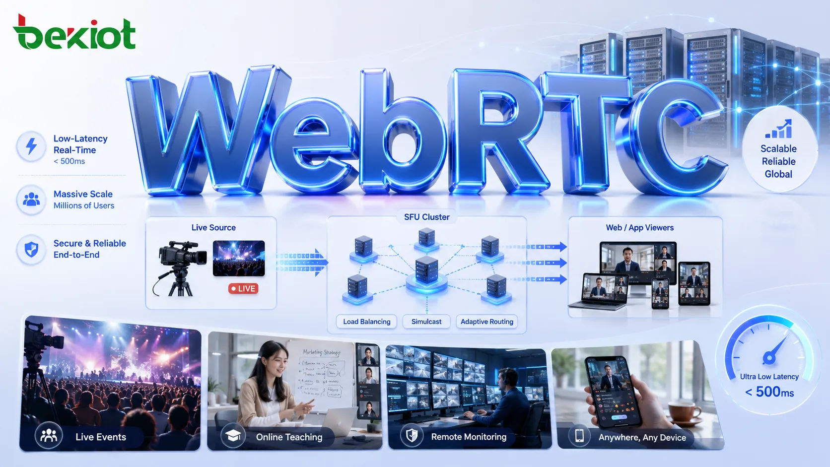 Transmissão ao vivo de baixa latência com WebRTC: limites técnicos, casos reais e projeto de cluster SFU