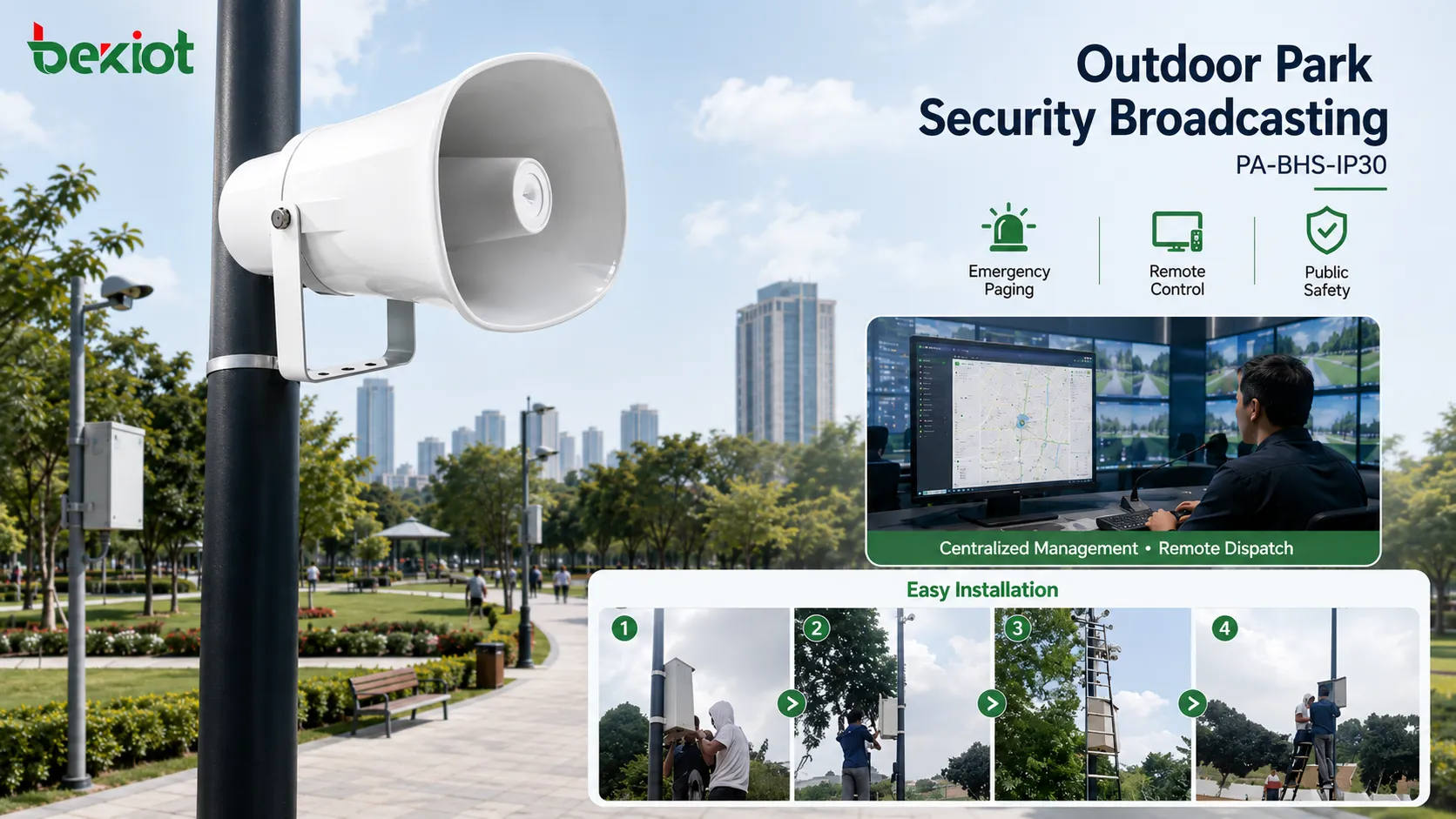 Alto-falante de corneta SIP PA-BHS-IP30 instalado em um parque urbano da Indonésia para transmissão externa de emergência e comunicação de segurança