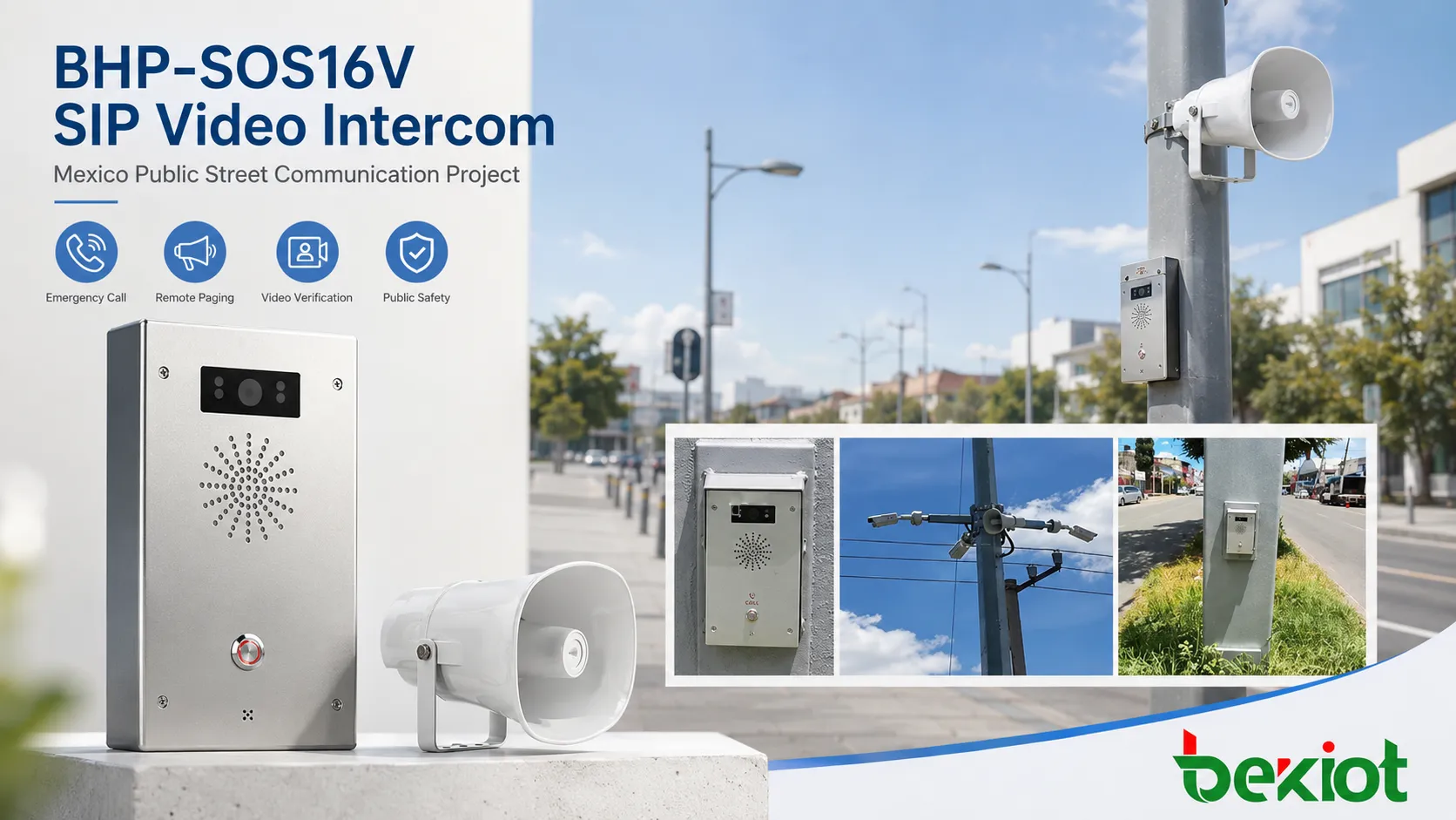 Intercomunicador de vídeo SIP BHP-SOS16V instalado em uma via pública para chamadas de emergência e comunicação com a central de controle