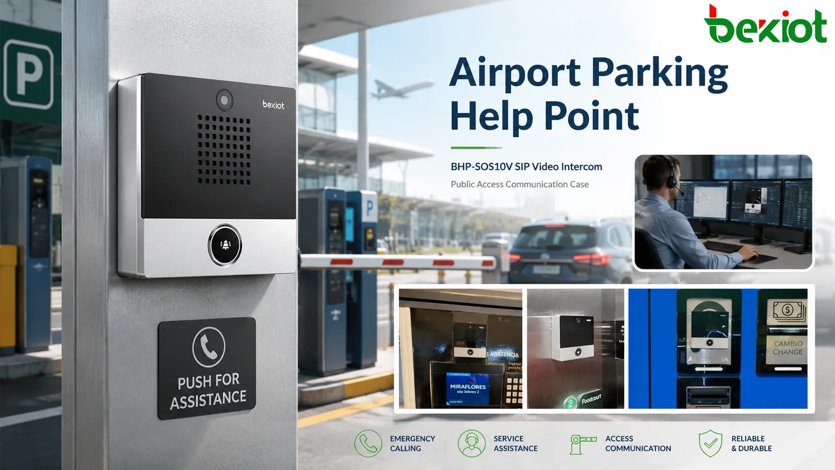 Intercomunicador de vídeo SIP BHP-SOS10V instalado na área de pagamento e acesso ao estacionamento de um aeroporto para chamadas em ponto de ajuda