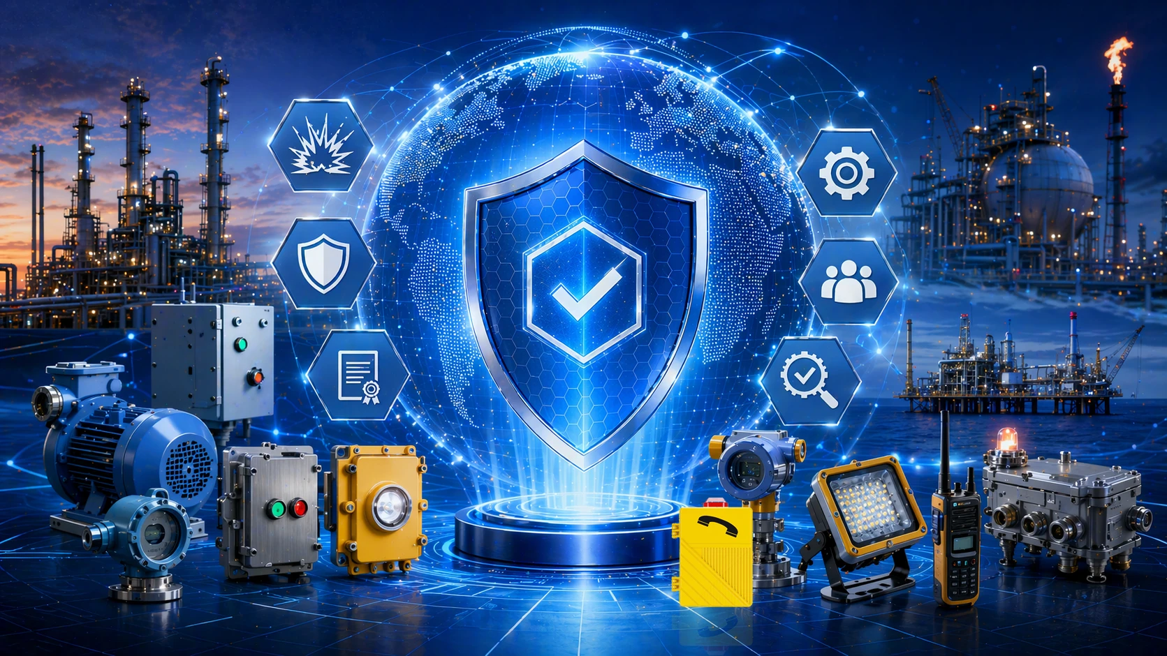 Equipamento industrial de comunicação e controle certificado IECEx usado em um fluxo de trabalho de conformidade em áreas classificadas.
