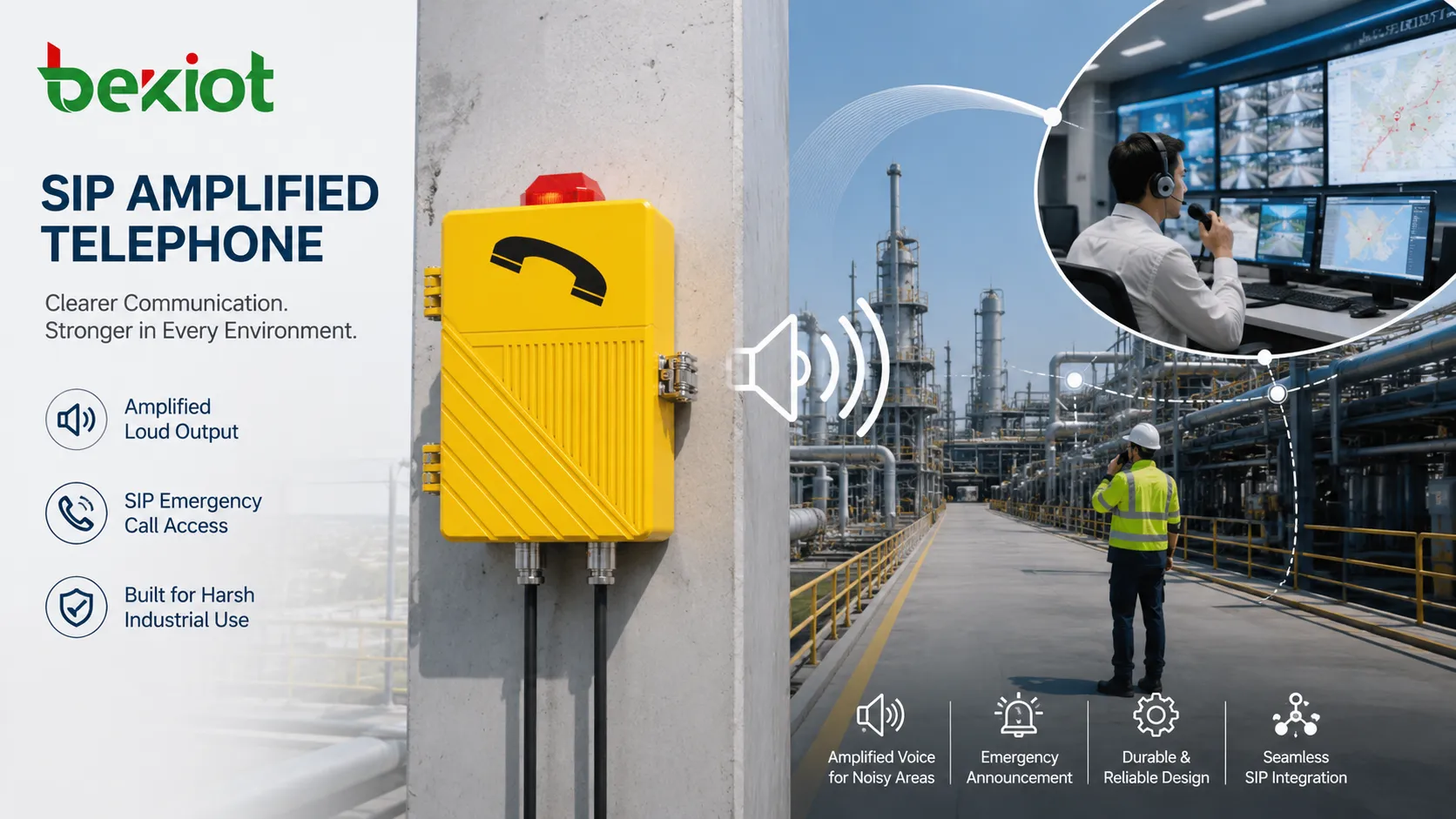 Suporte de emergência com telefone SIP amplificado mostrando telefone industrial de parede operador da sala de controle saída de voz potente alerta de sonorização e comunicação com trabalhador em campo